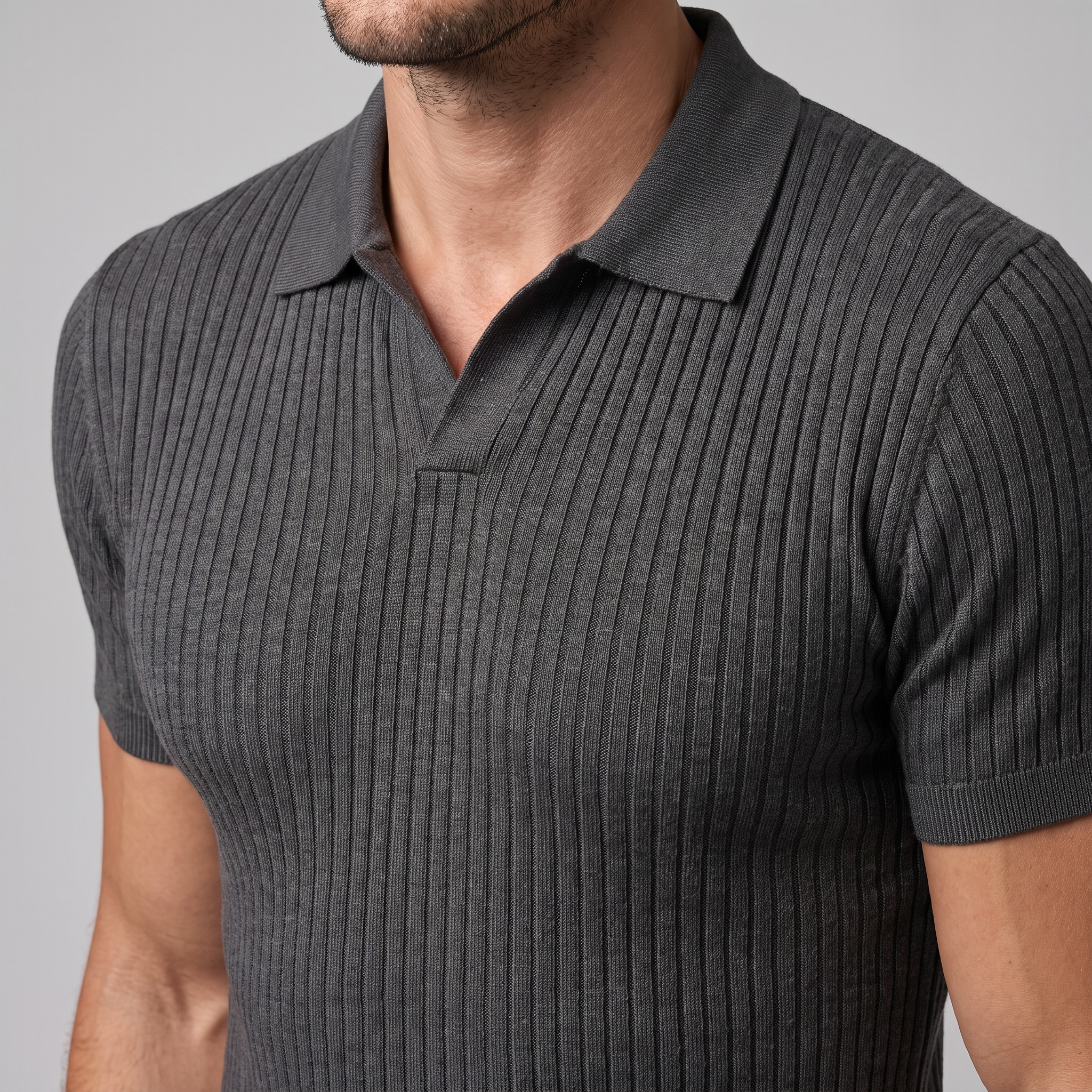 Men's Slim Fit Ribbed Polo with V-Neck
