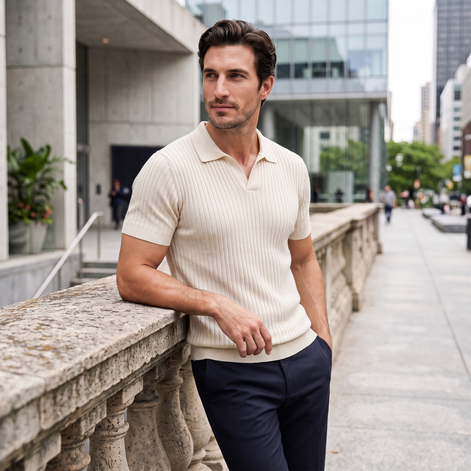 Men's Slim Fit Ribbed Polo with V-Neck