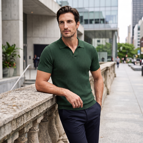 Men's Slim Fit Ribbed Polo with V-Neck