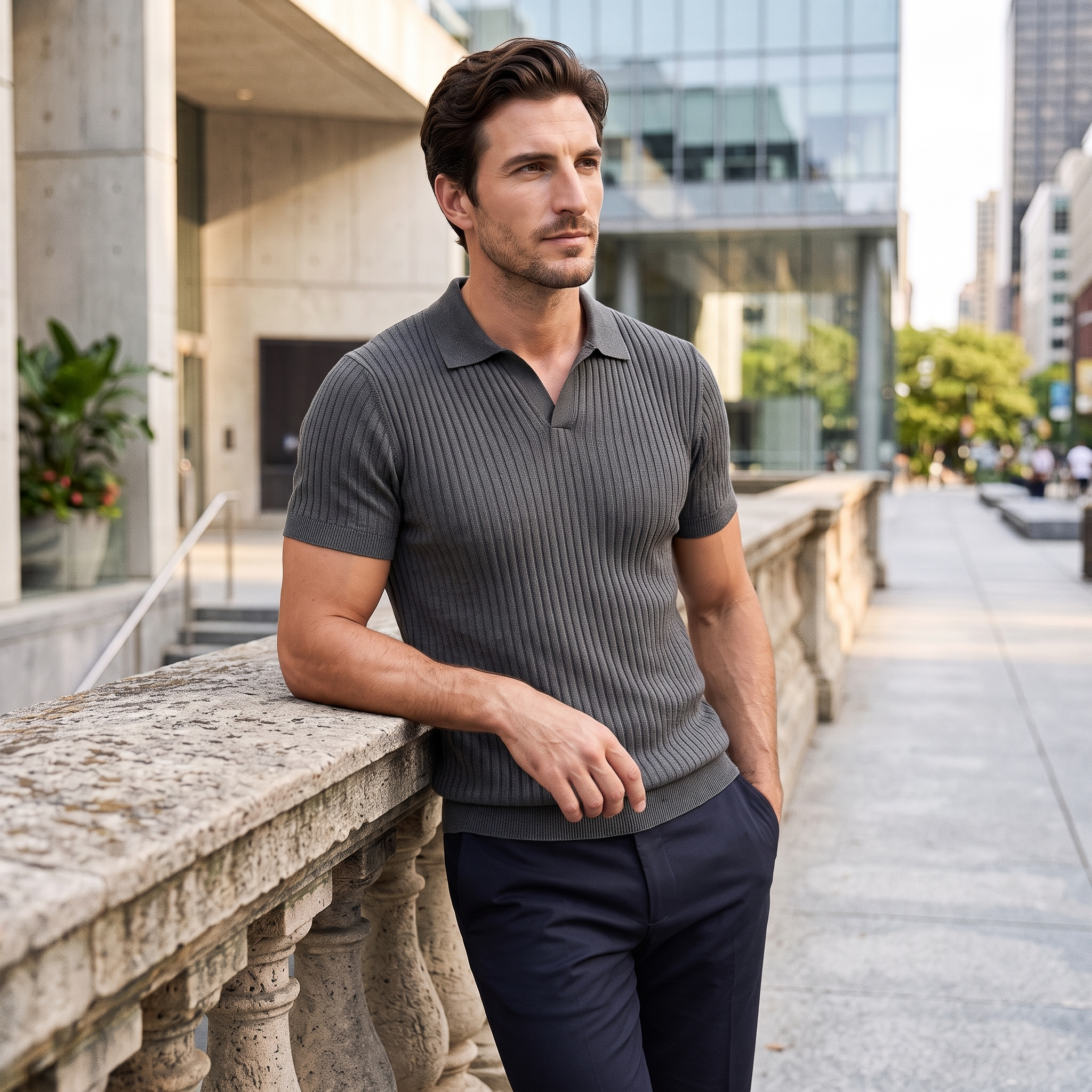 Men's Slim Fit Ribbed Polo with V-Neck