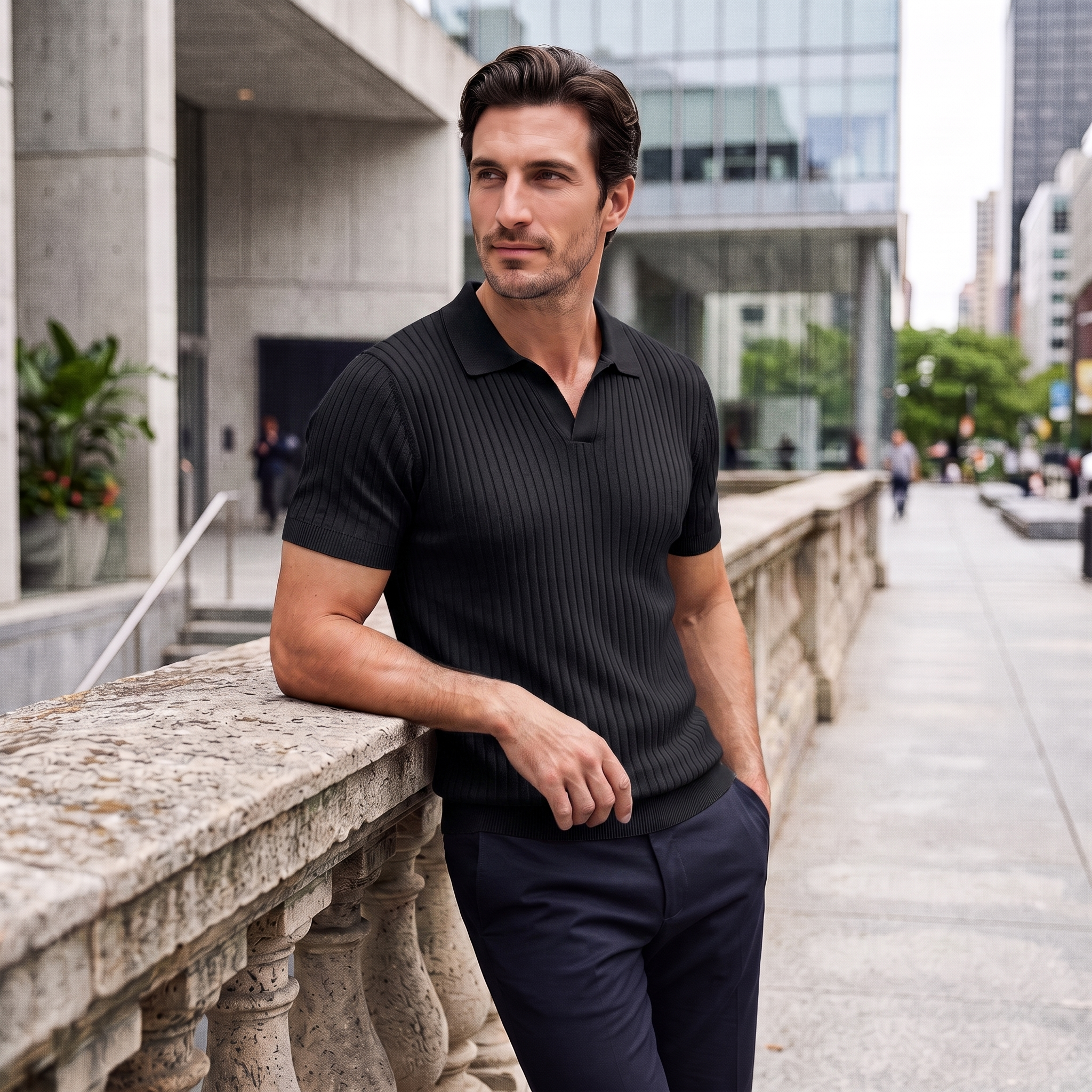 Men's Slim Fit Ribbed Polo with V-Neck
