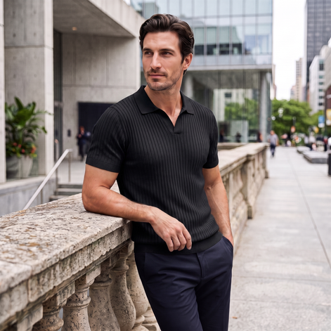 Men's Slim Fit Ribbed Polo with V-Neck