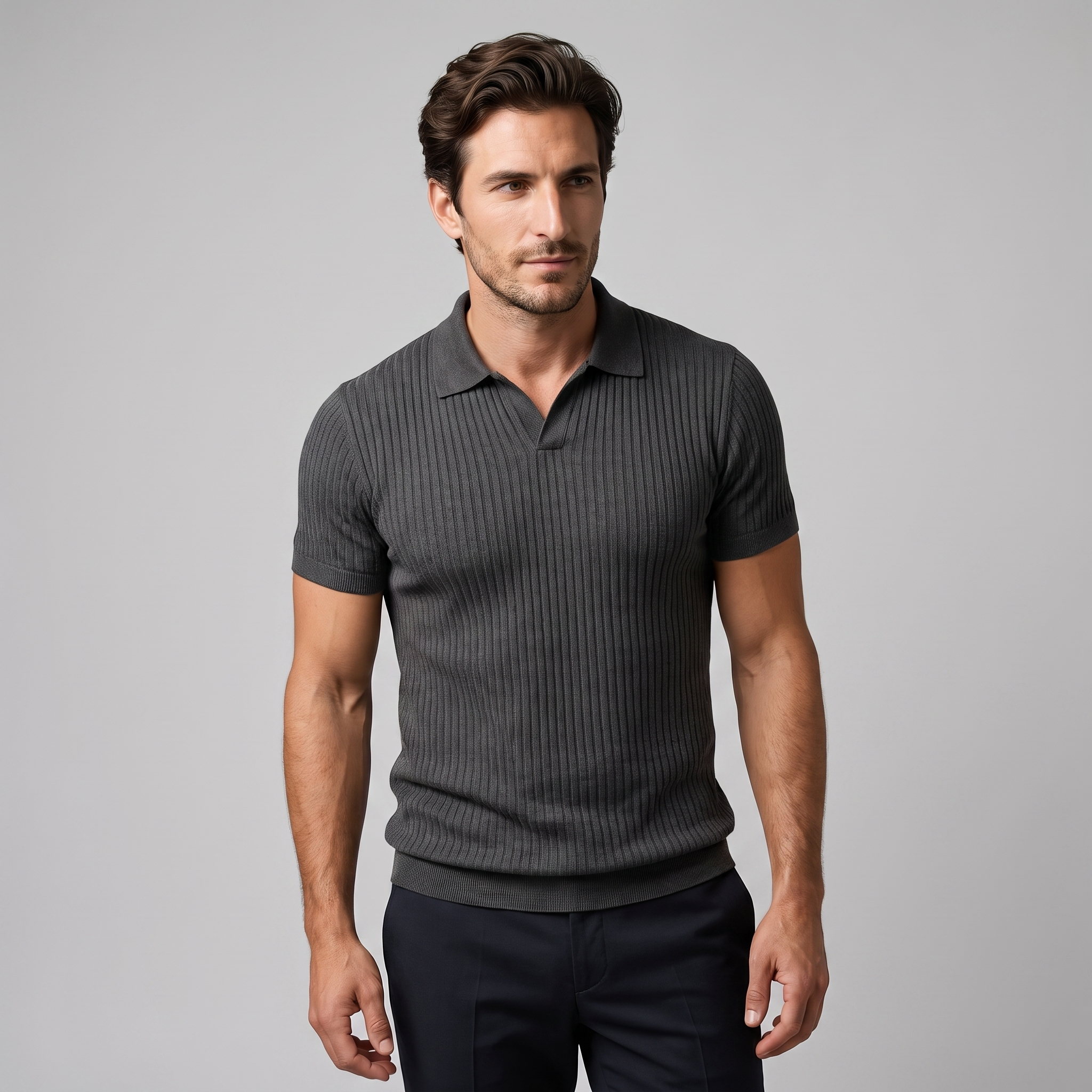 Men's Slim Fit Ribbed Polo with V-Neck