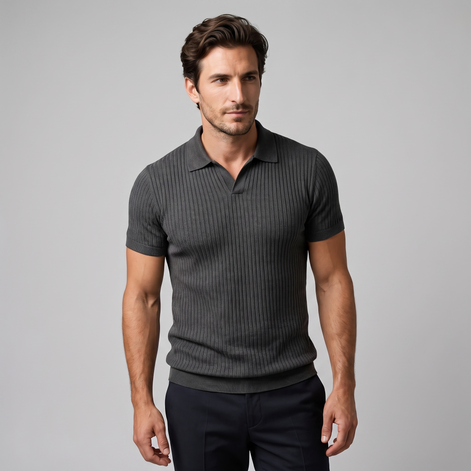 Men's Slim Fit Ribbed Polo with V-Neck