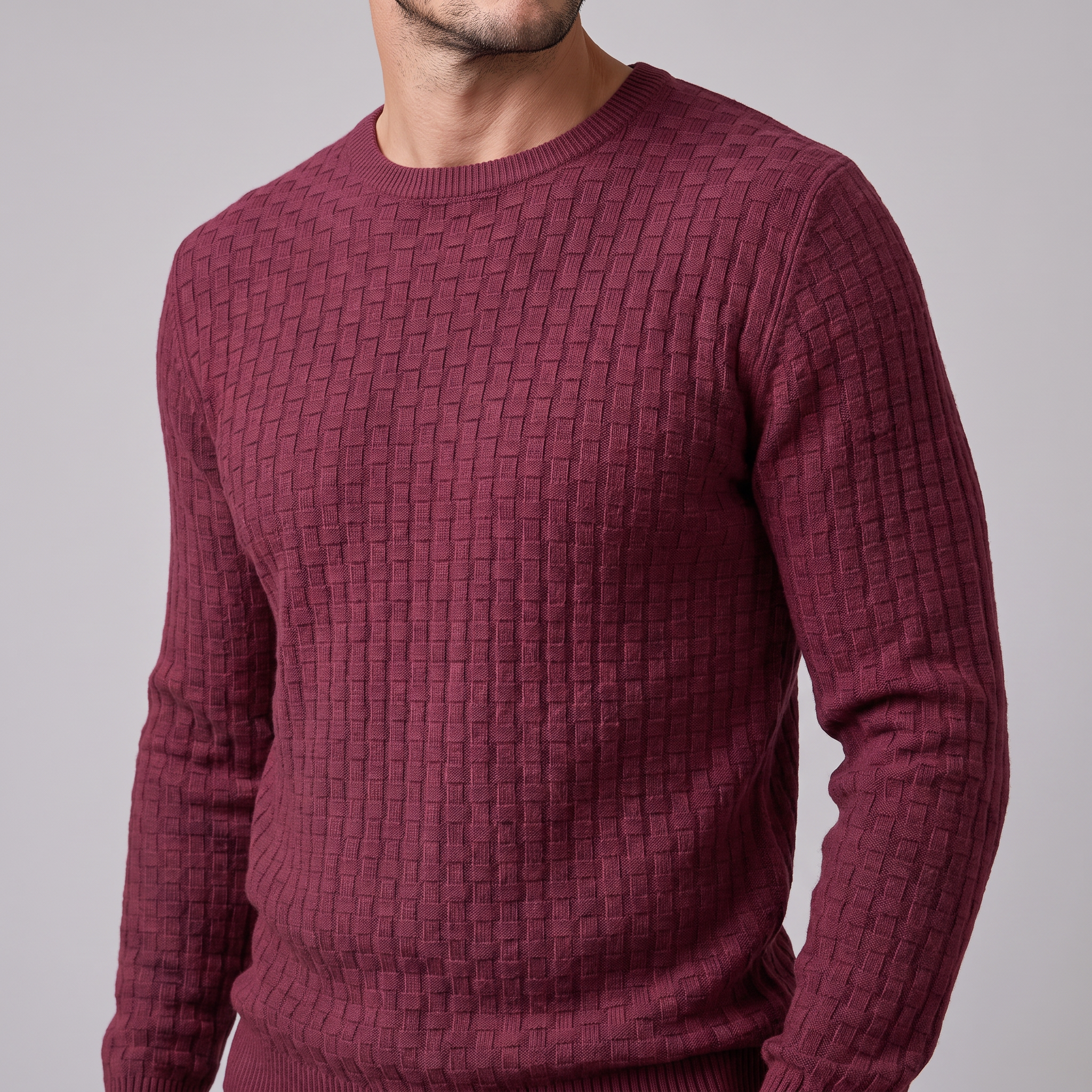 Men's Basketweave Knit Crew Sweater