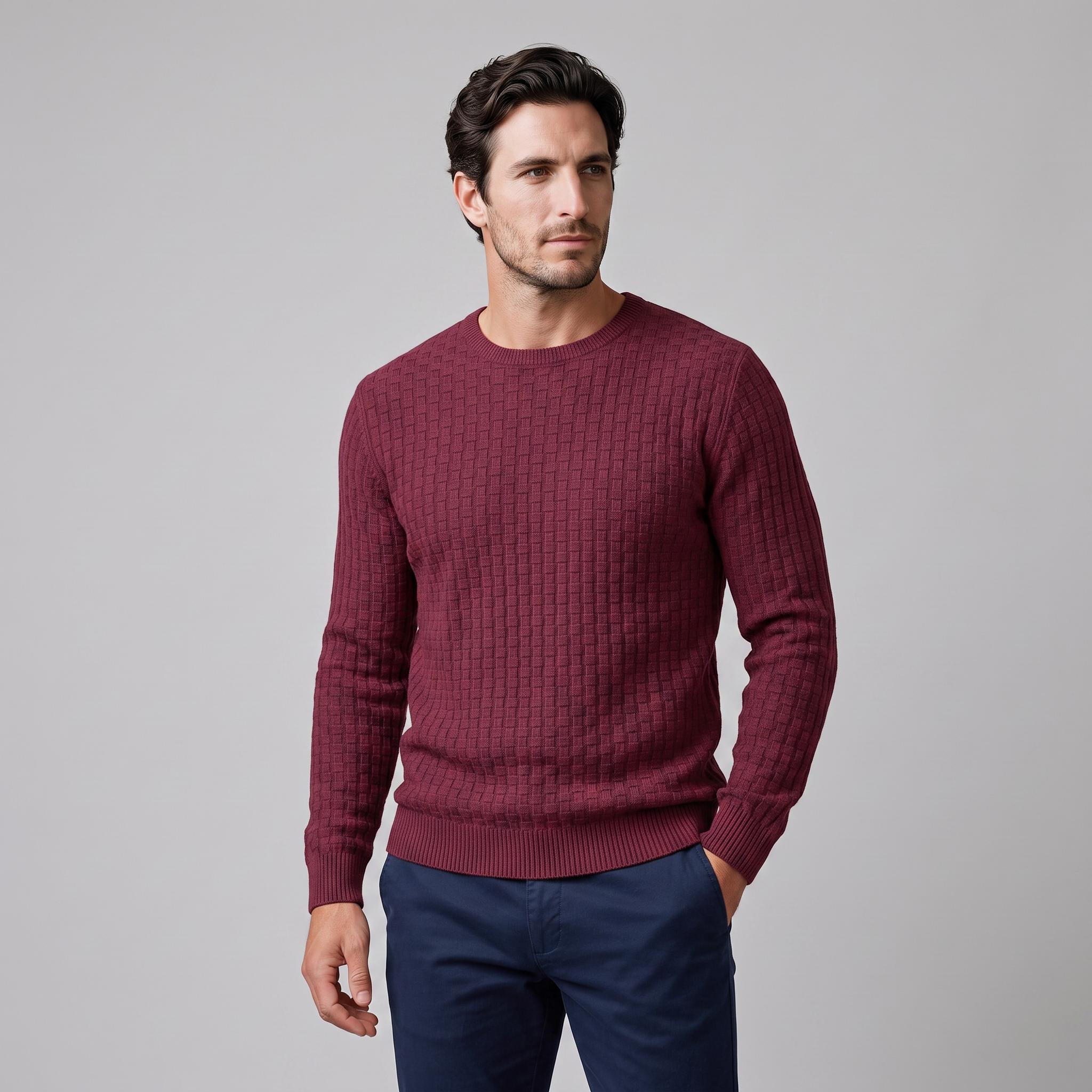 Men's Basketweave Knit Crew Sweater