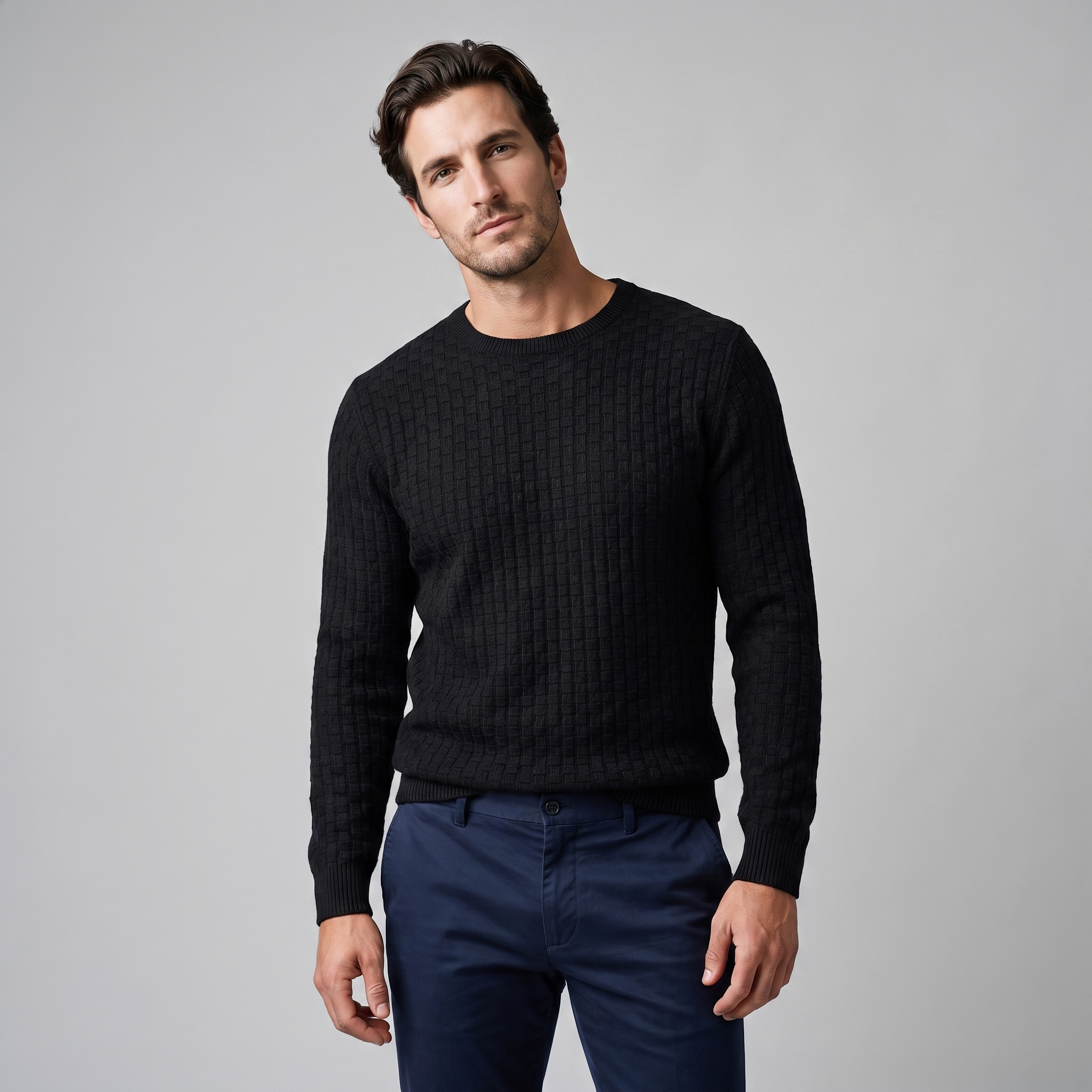 Men's Basketweave Knit Crew Sweater