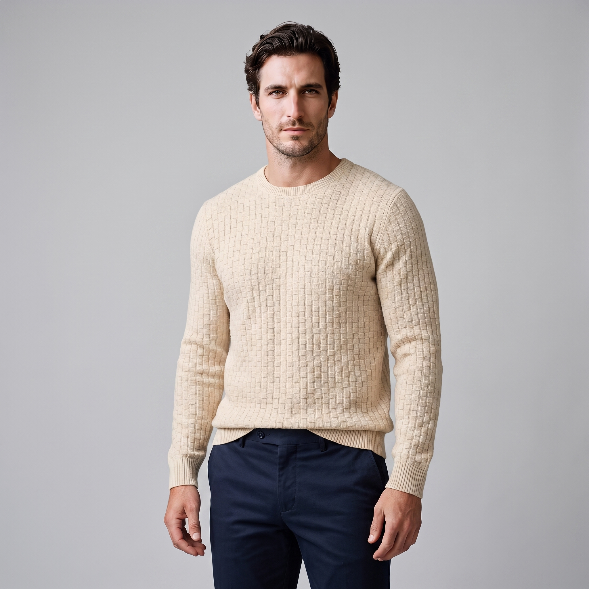 Men's Basketweave Knit Crew Sweater