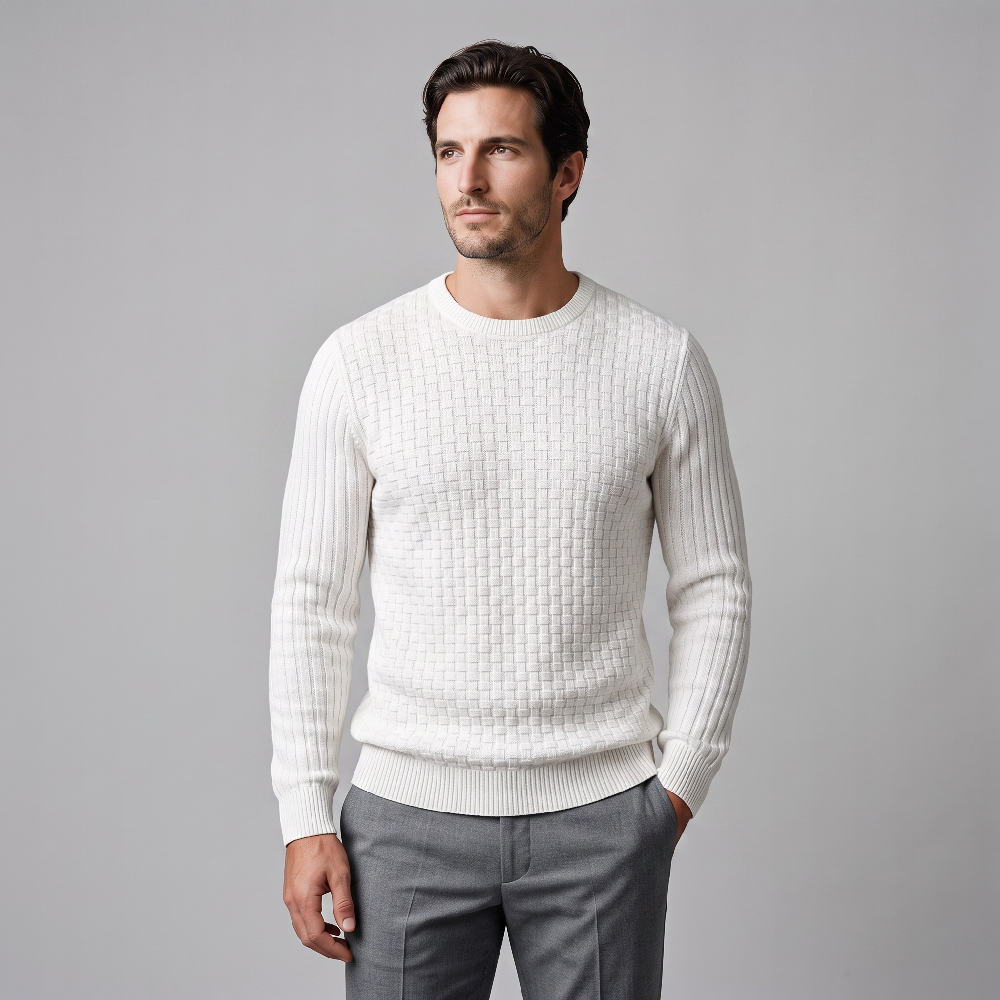 Men's Basketweave Knit Crew Sweater