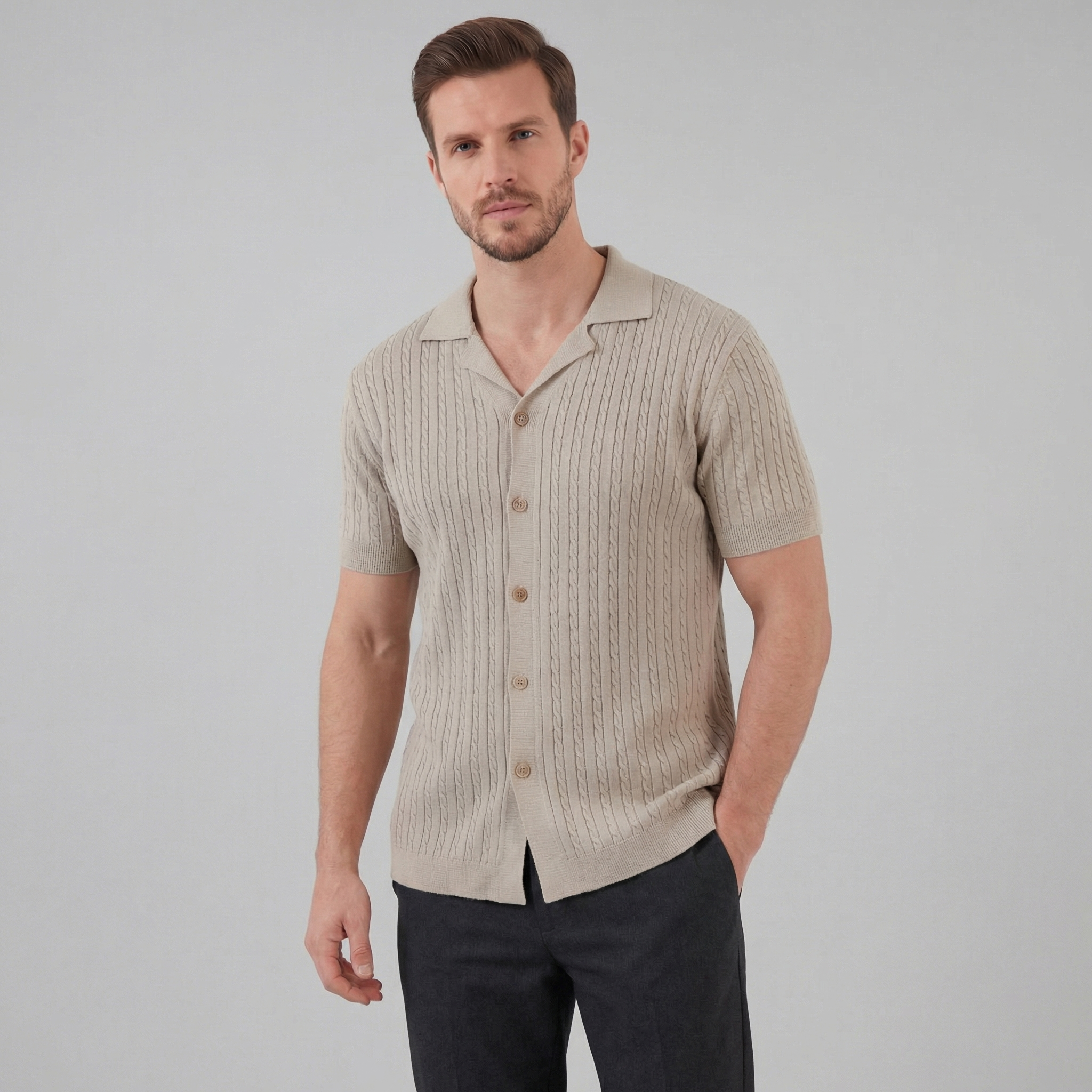 Men's Cable Knit Short Sleeve Shirt