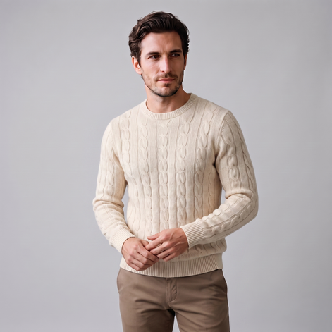 Men's Cable Knit Wool Crew Neck Sweater