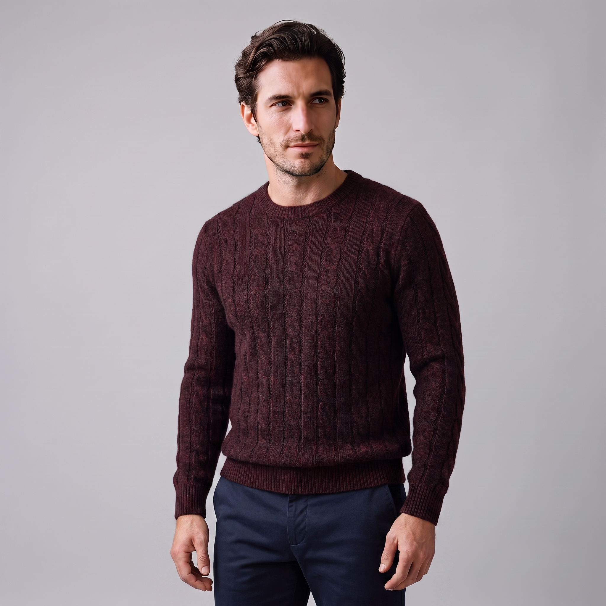 Men's Cable Knit Wool Crew Neck Sweater