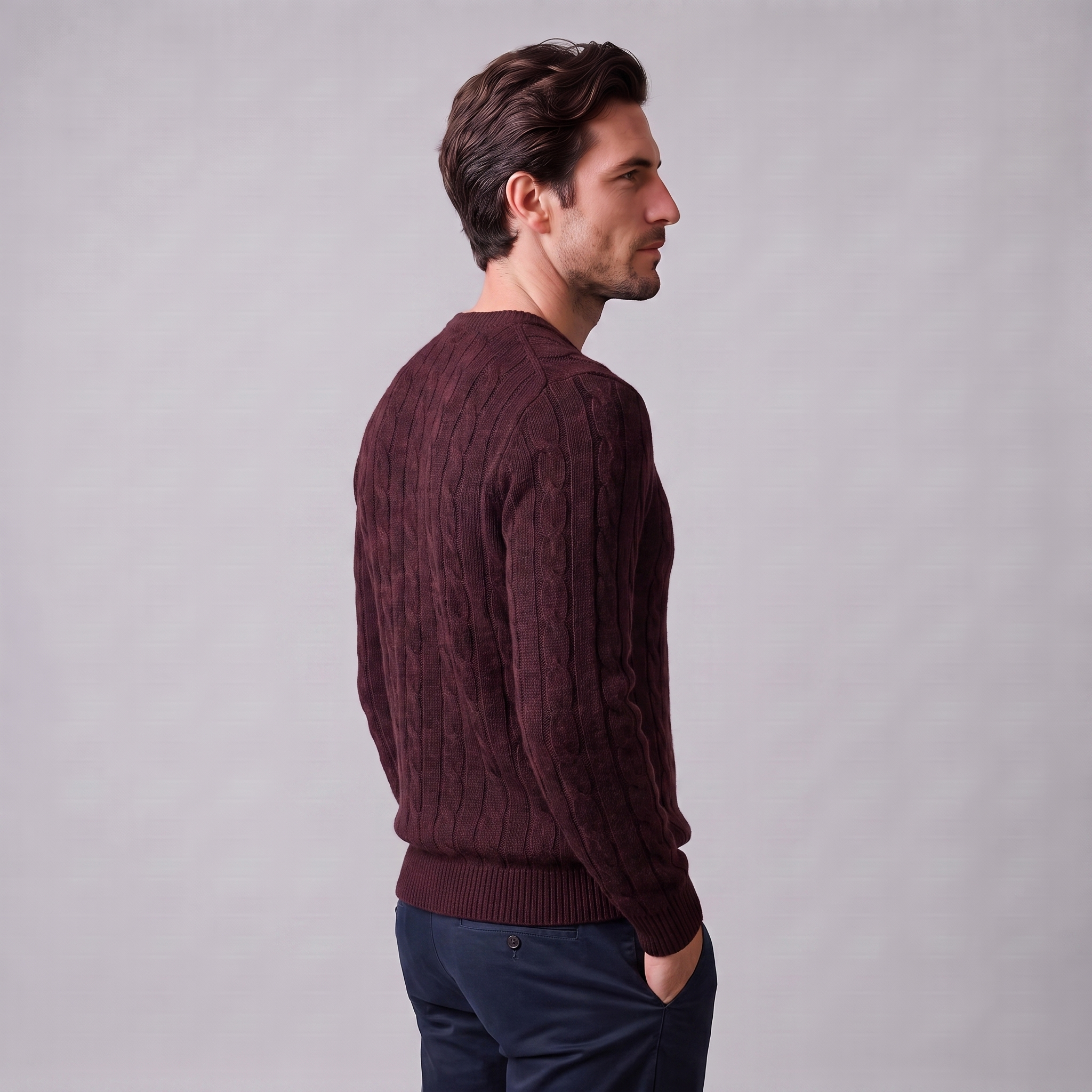Men's Cable Knit Wool Crew Neck Sweater