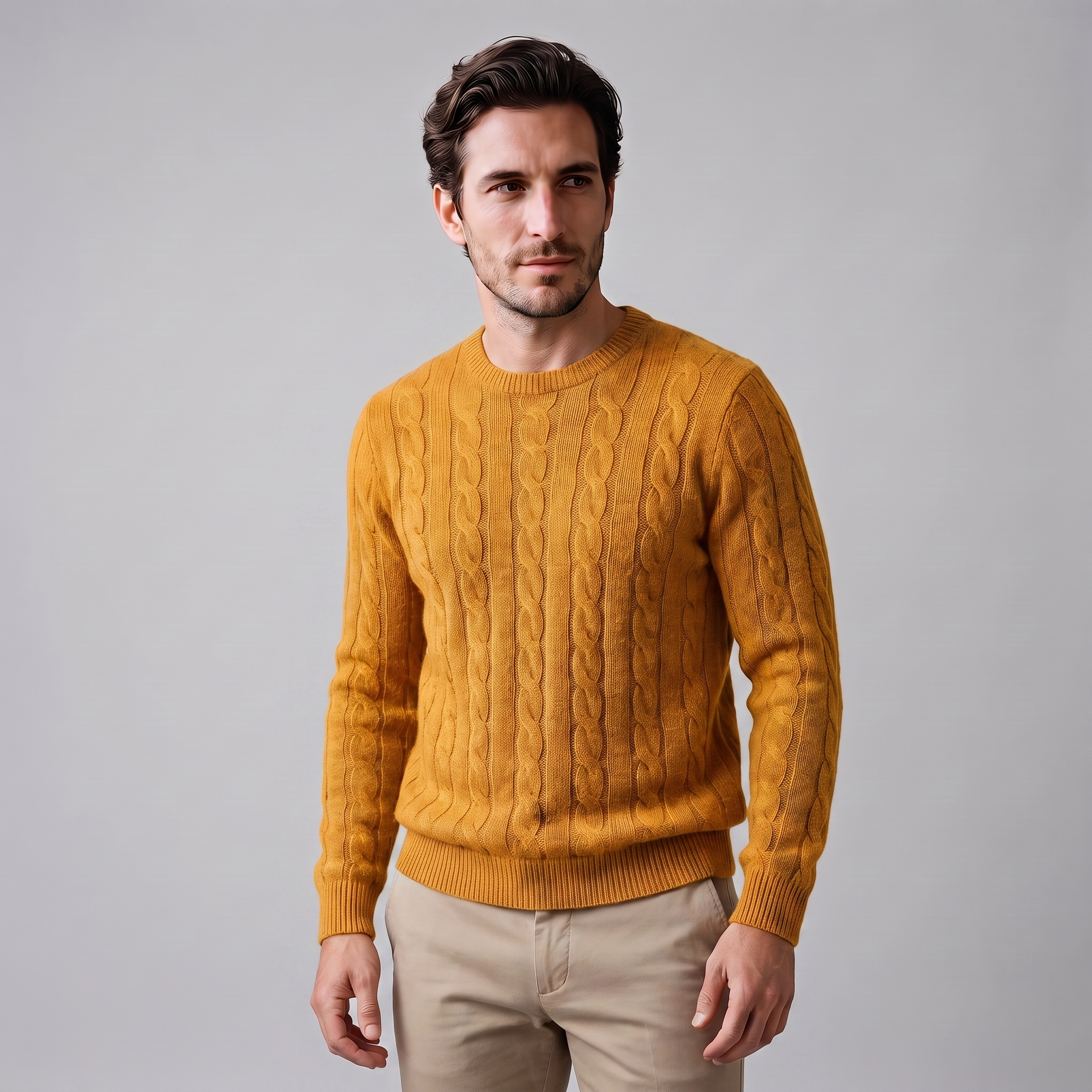 Men's Cable Knit Wool Crew Neck Sweater
