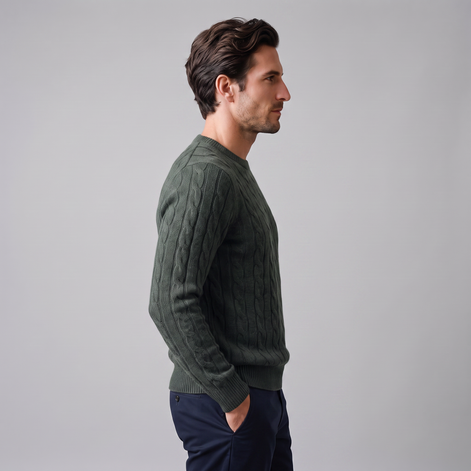 Men's Cable Knit Wool Crew Neck Sweater