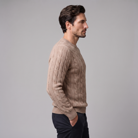 Men's Cable Knit Wool Crew Neck Sweater