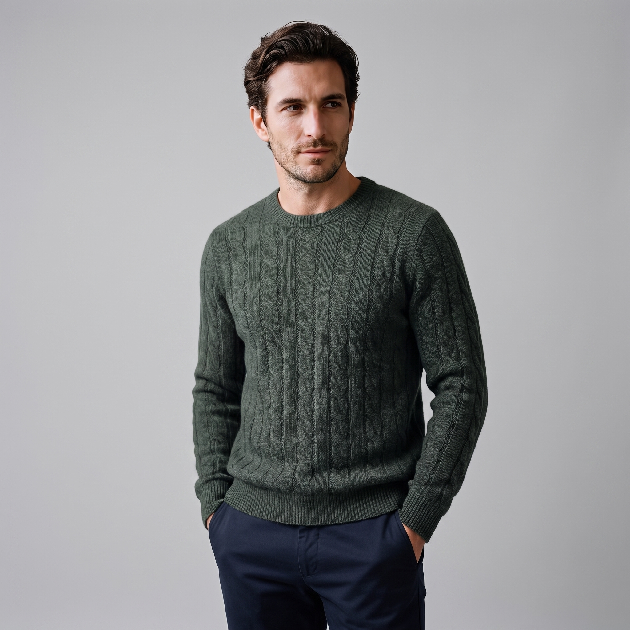 Men's Cable Knit Wool Crew Neck Sweater