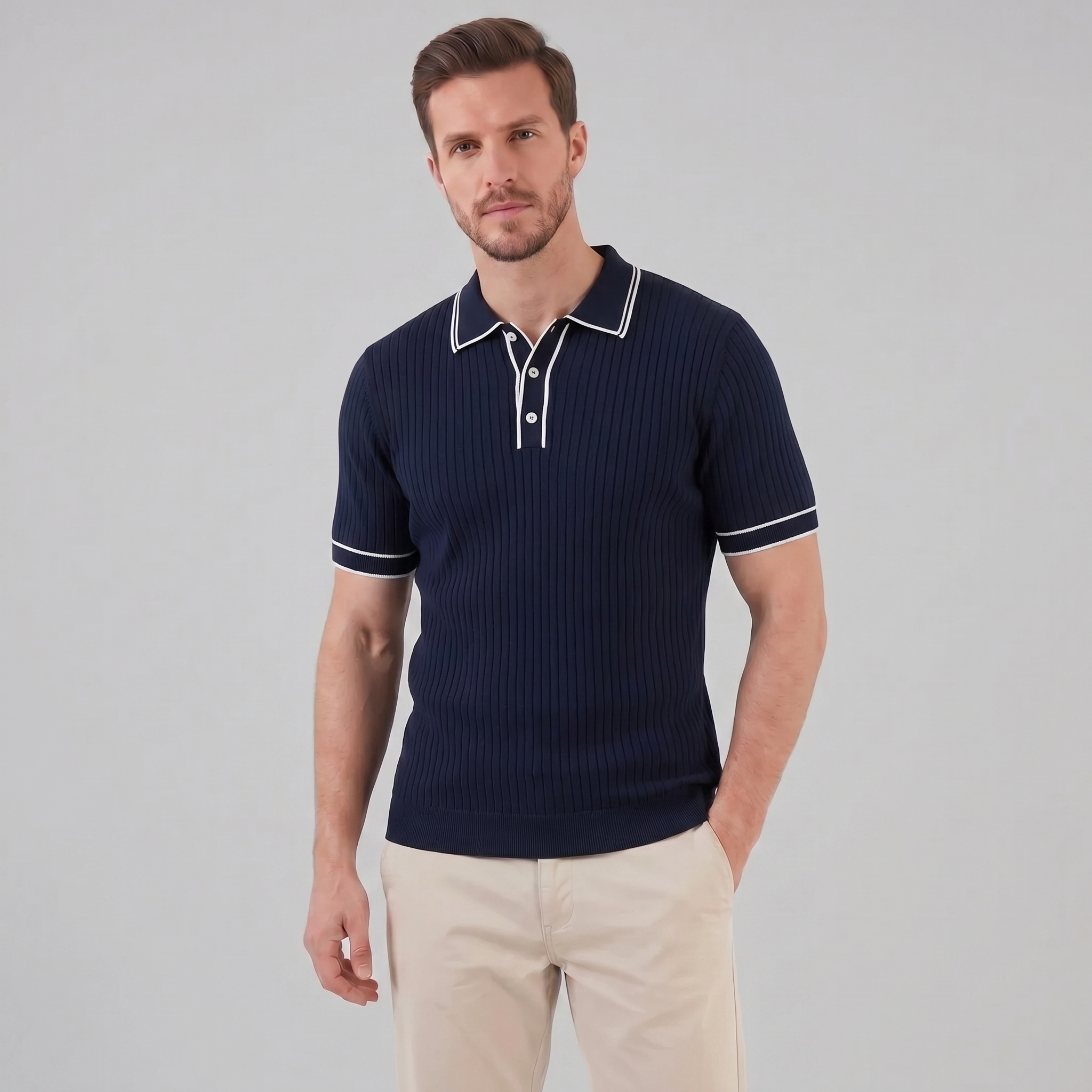 Men's Contrast Trim Ribbed Knit Polo