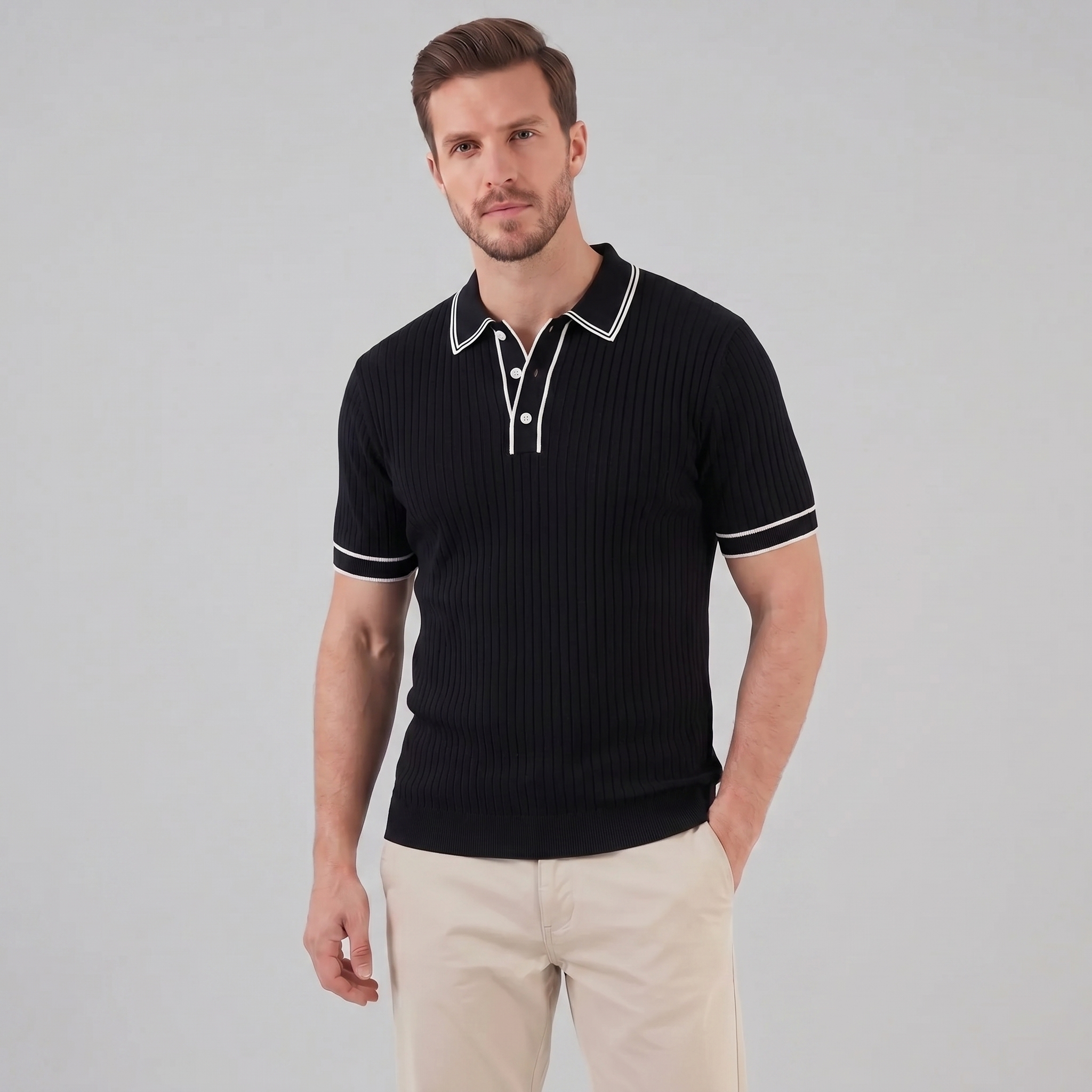Men's Contrast Trim Ribbed Knit Polo