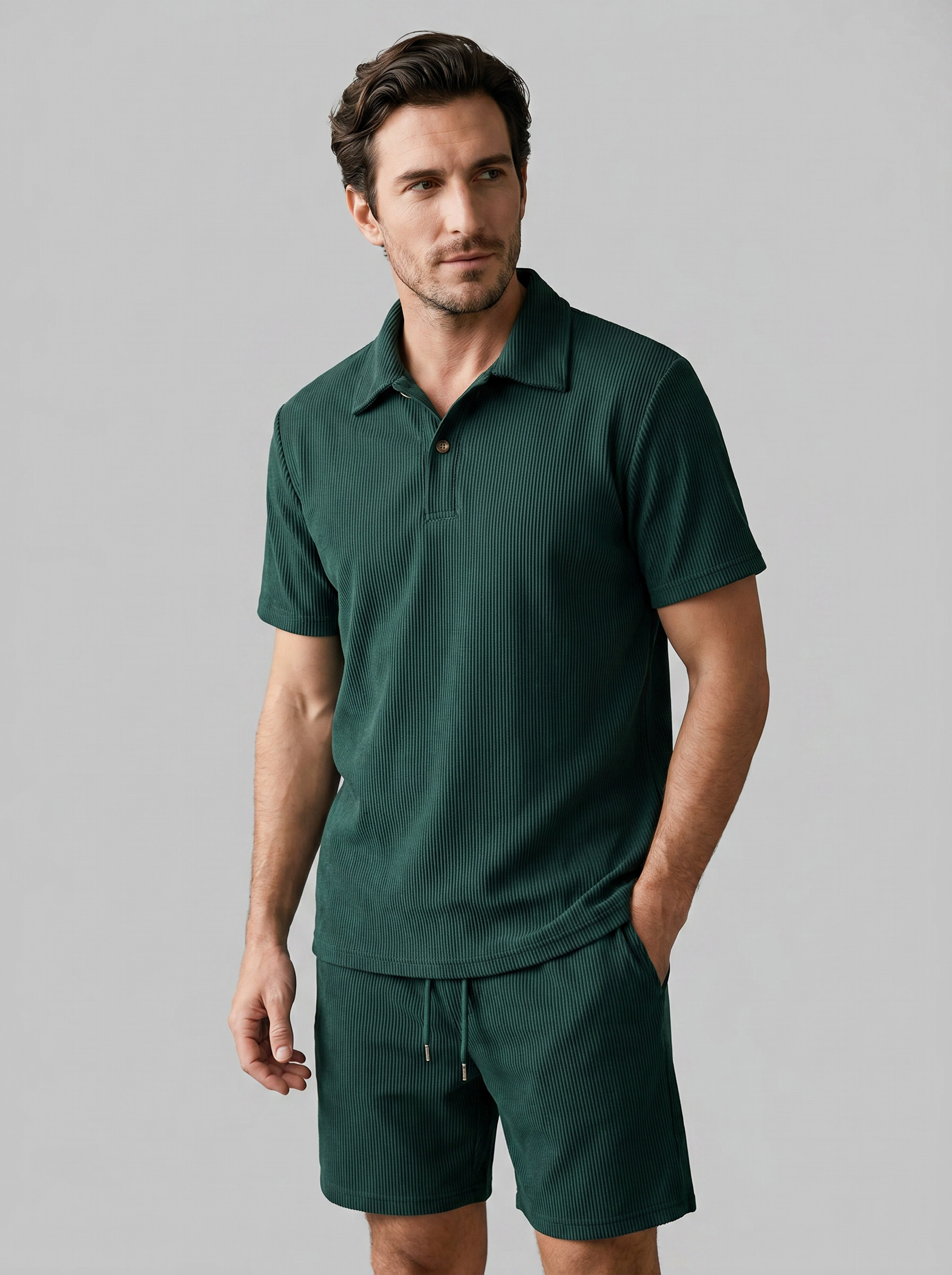 Men's Corduroy Polo and Shorts Outfit Set