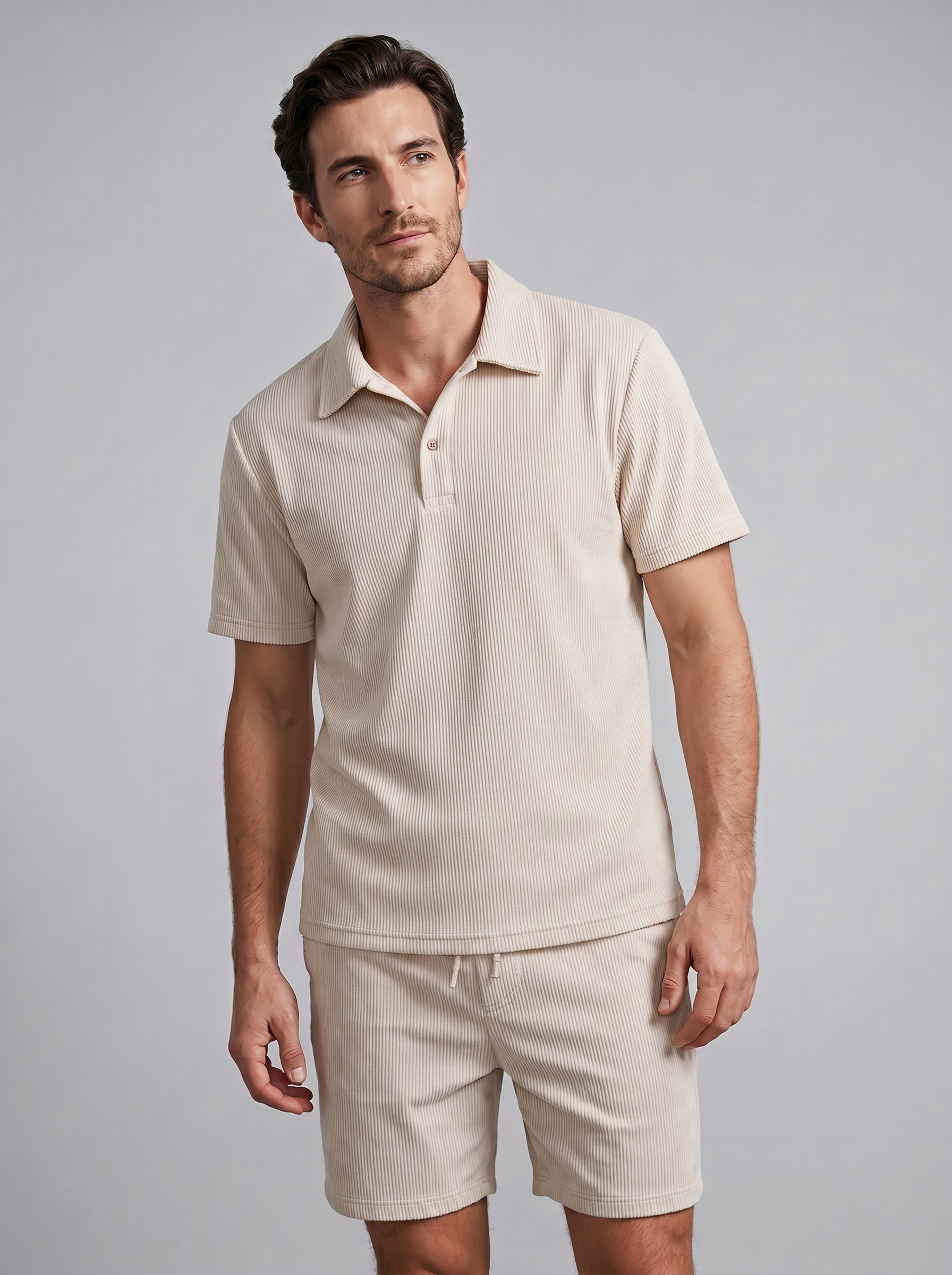 Men's Corduroy Polo and Shorts Outfit Set