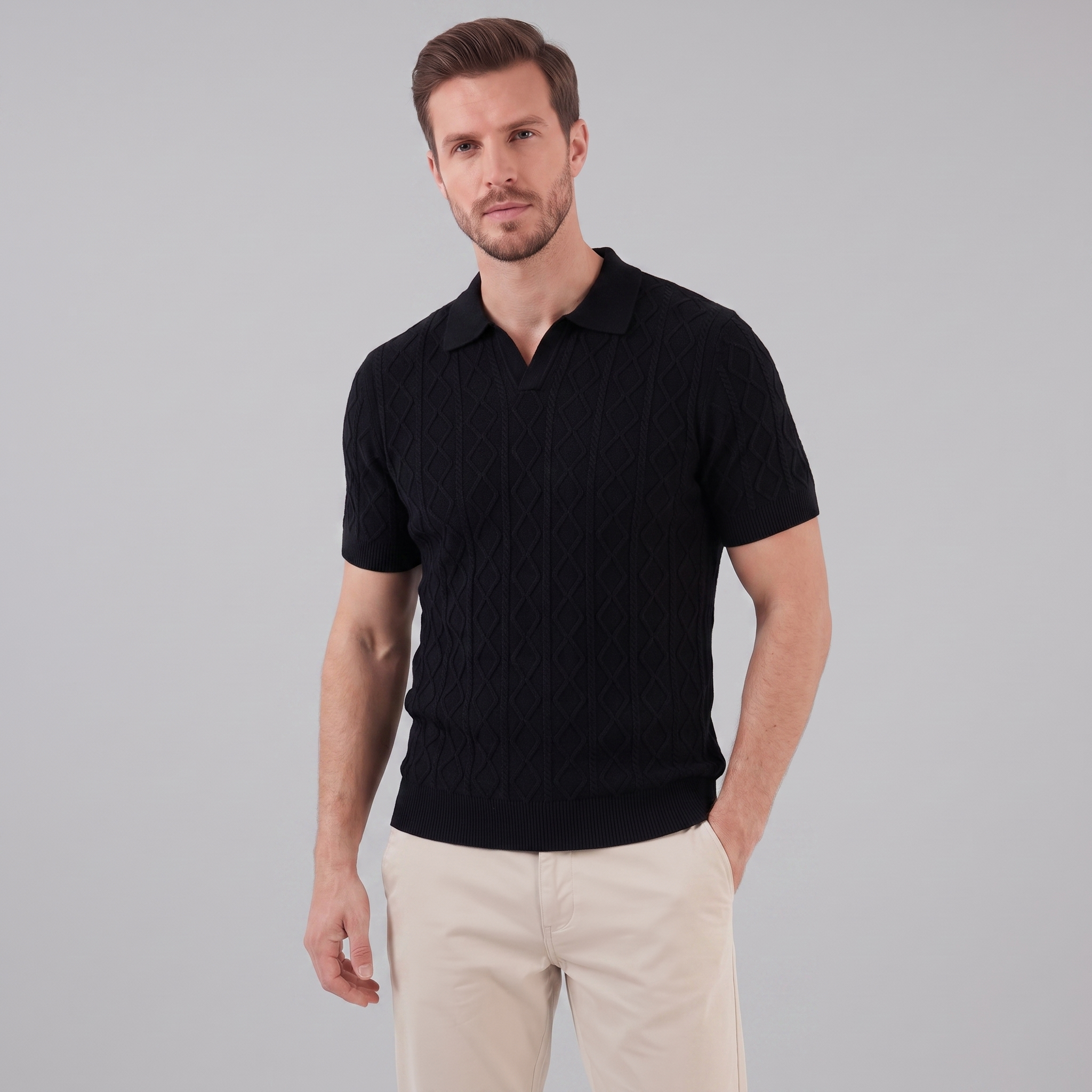 Men's Diamond Cable Knit Polo Shirt
