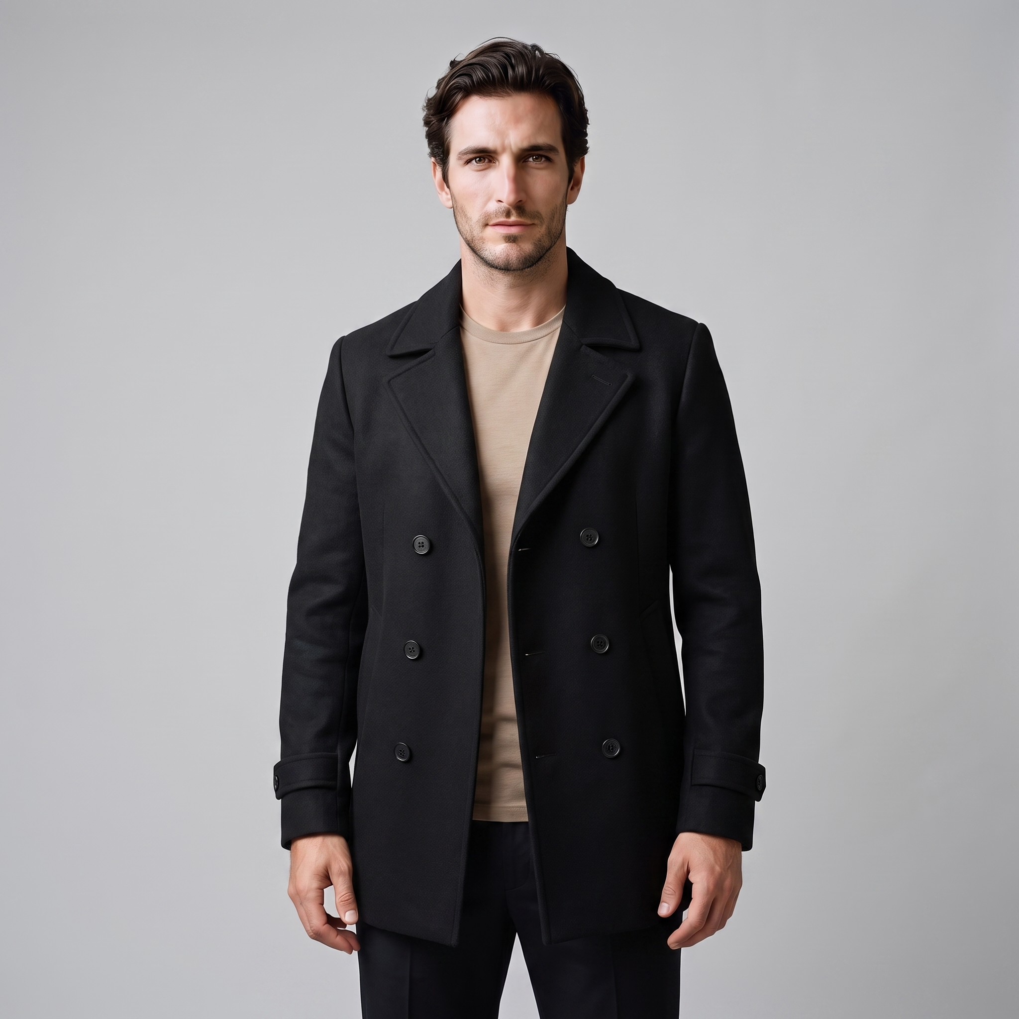 Men's Double-Breasted Wool-Look Coat