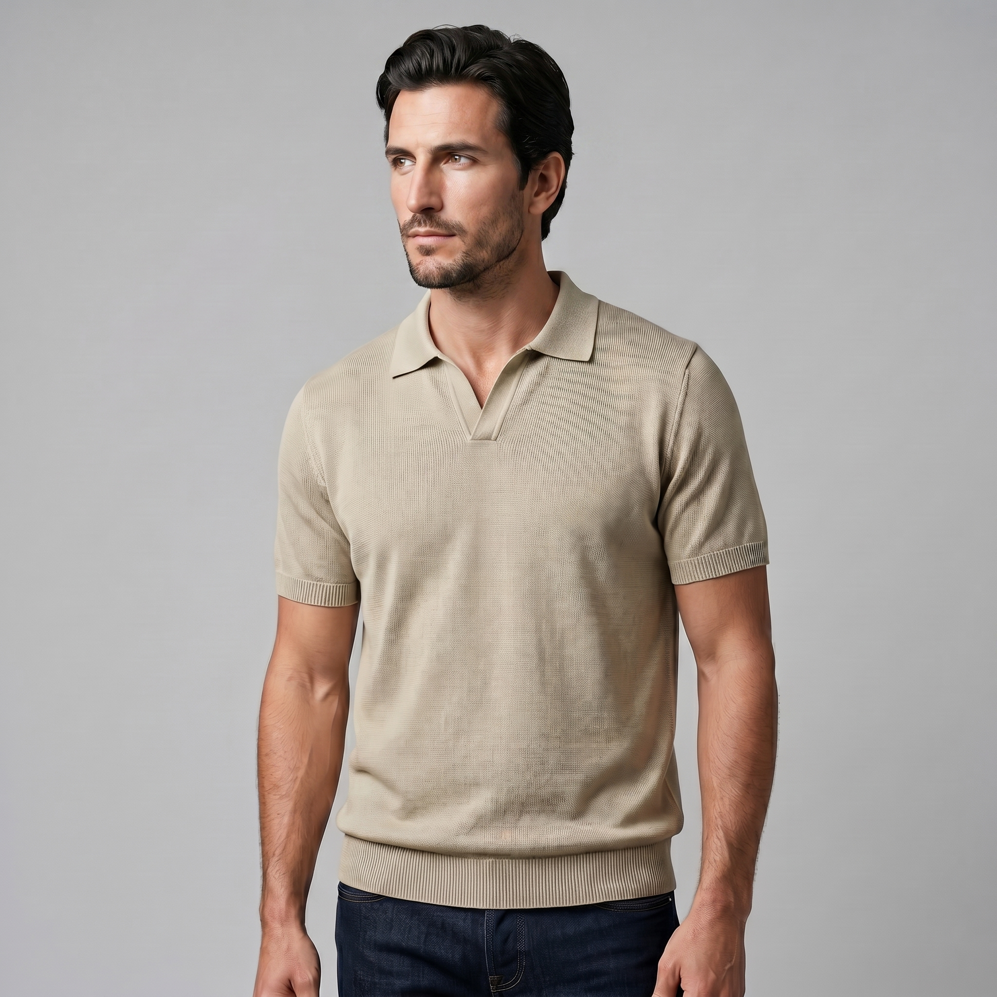 Men's Fine Knit Open-Collar Polo