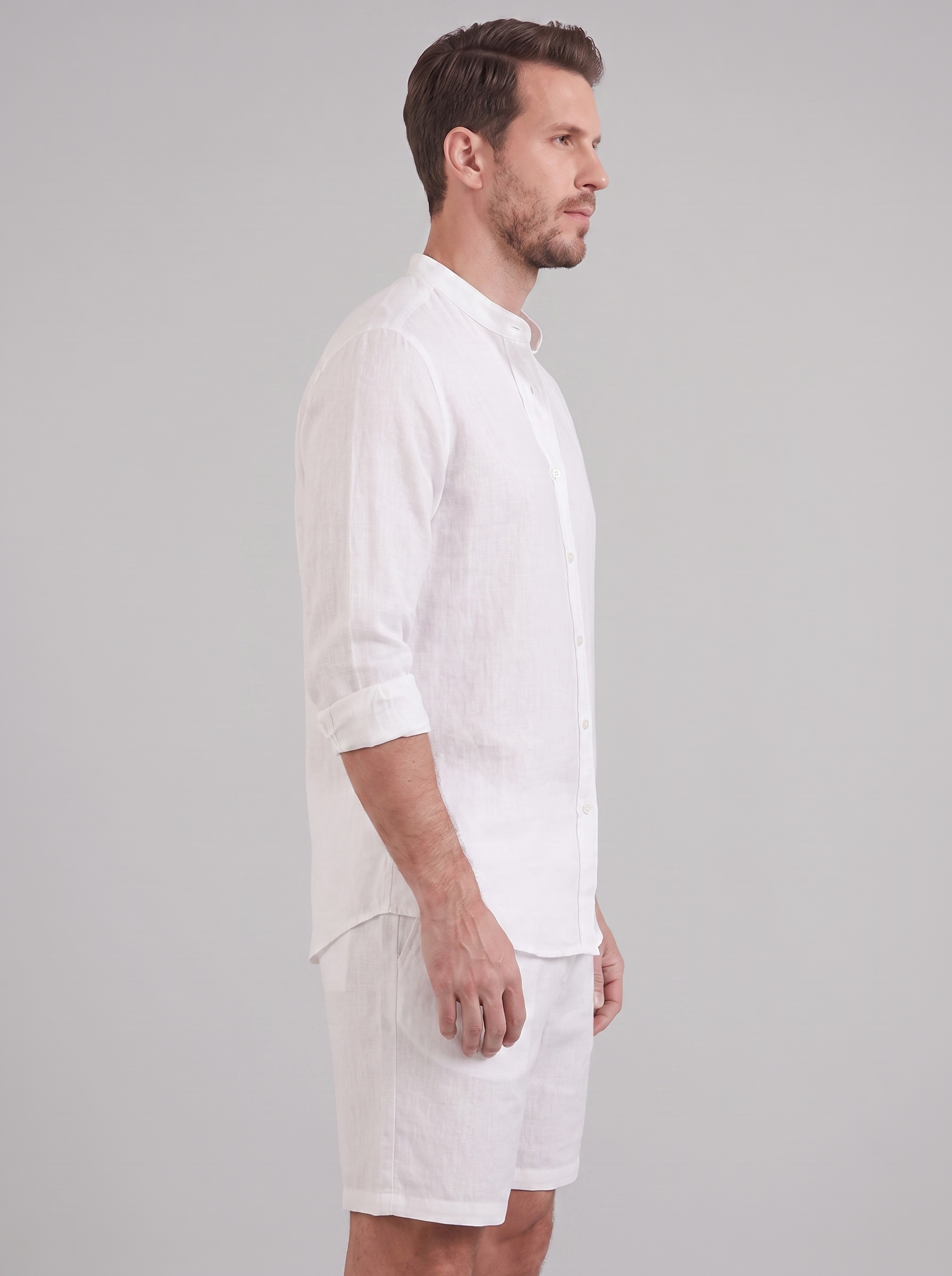 Men's Linen Band Collar Shirt and Shorts Co-ord Set