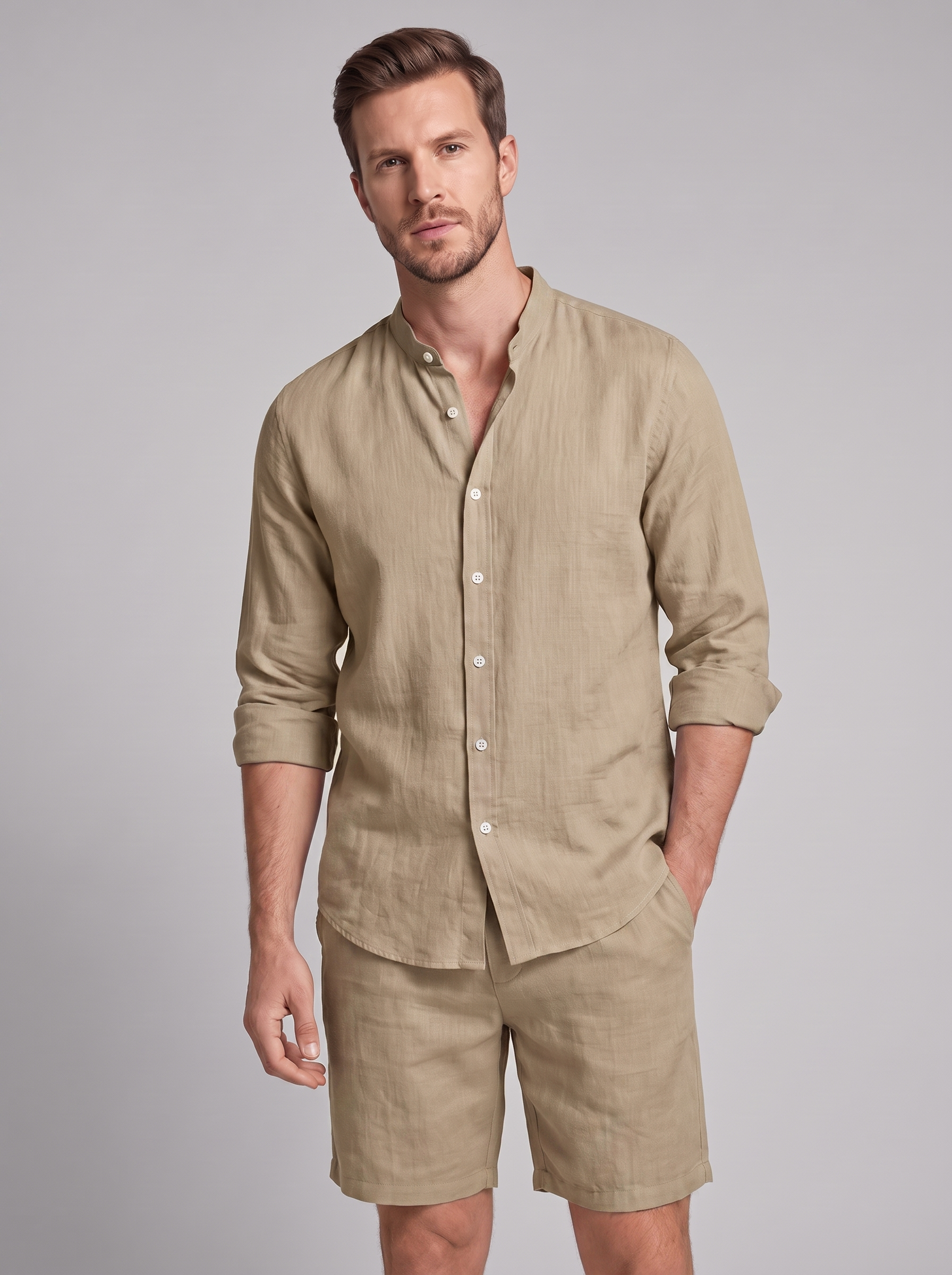 Men's Linen Band Collar Shirt and Shorts Co-ord Set