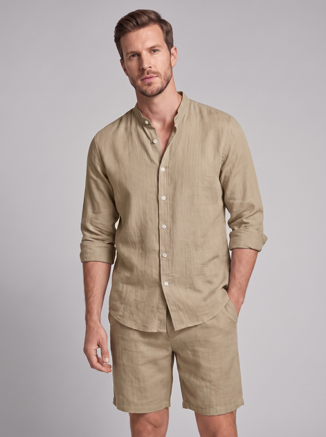 Men's Linen Band Collar Shirt and Shorts Co-ord Set