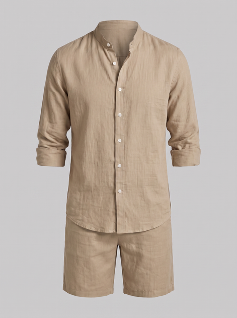 Men's Linen Band Collar Shirt and Shorts Co-ord Set