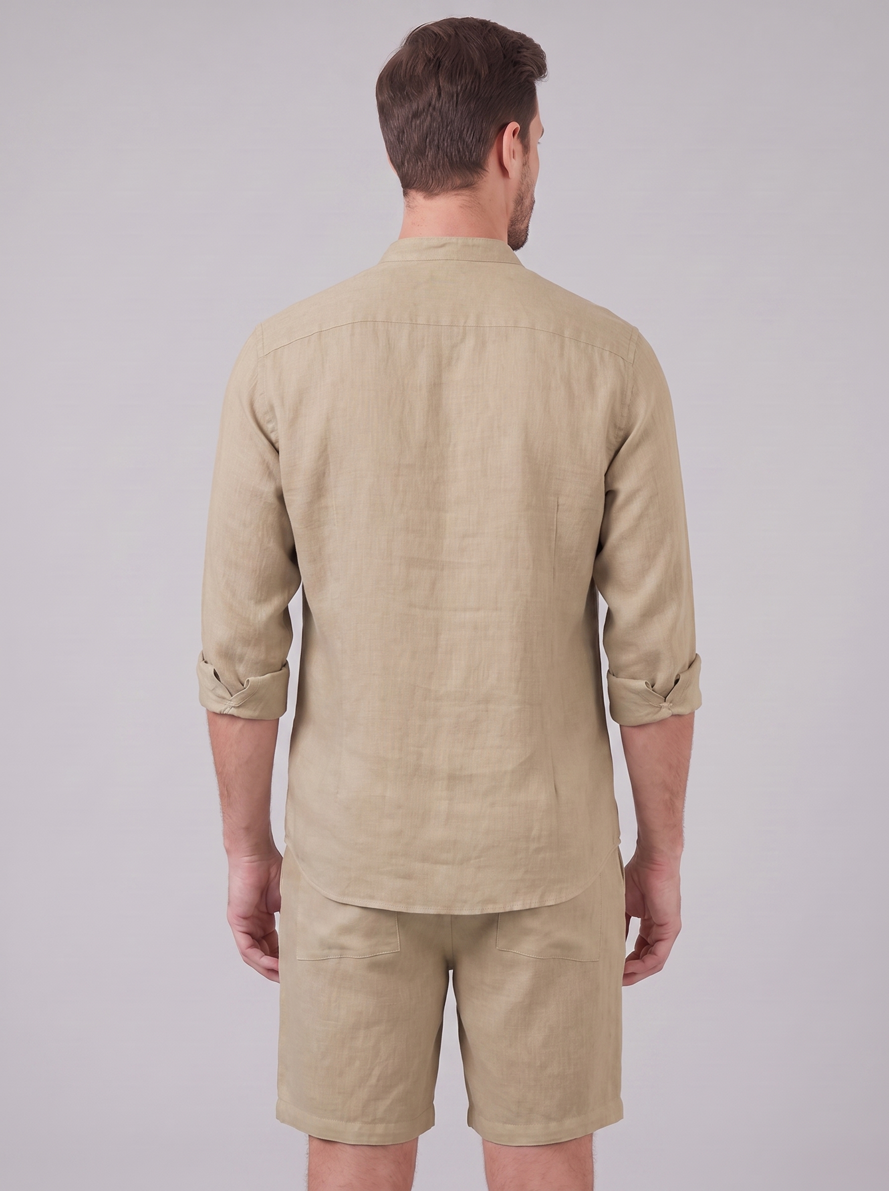 Men's Linen Band Collar Shirt and Shorts Co-ord Set
