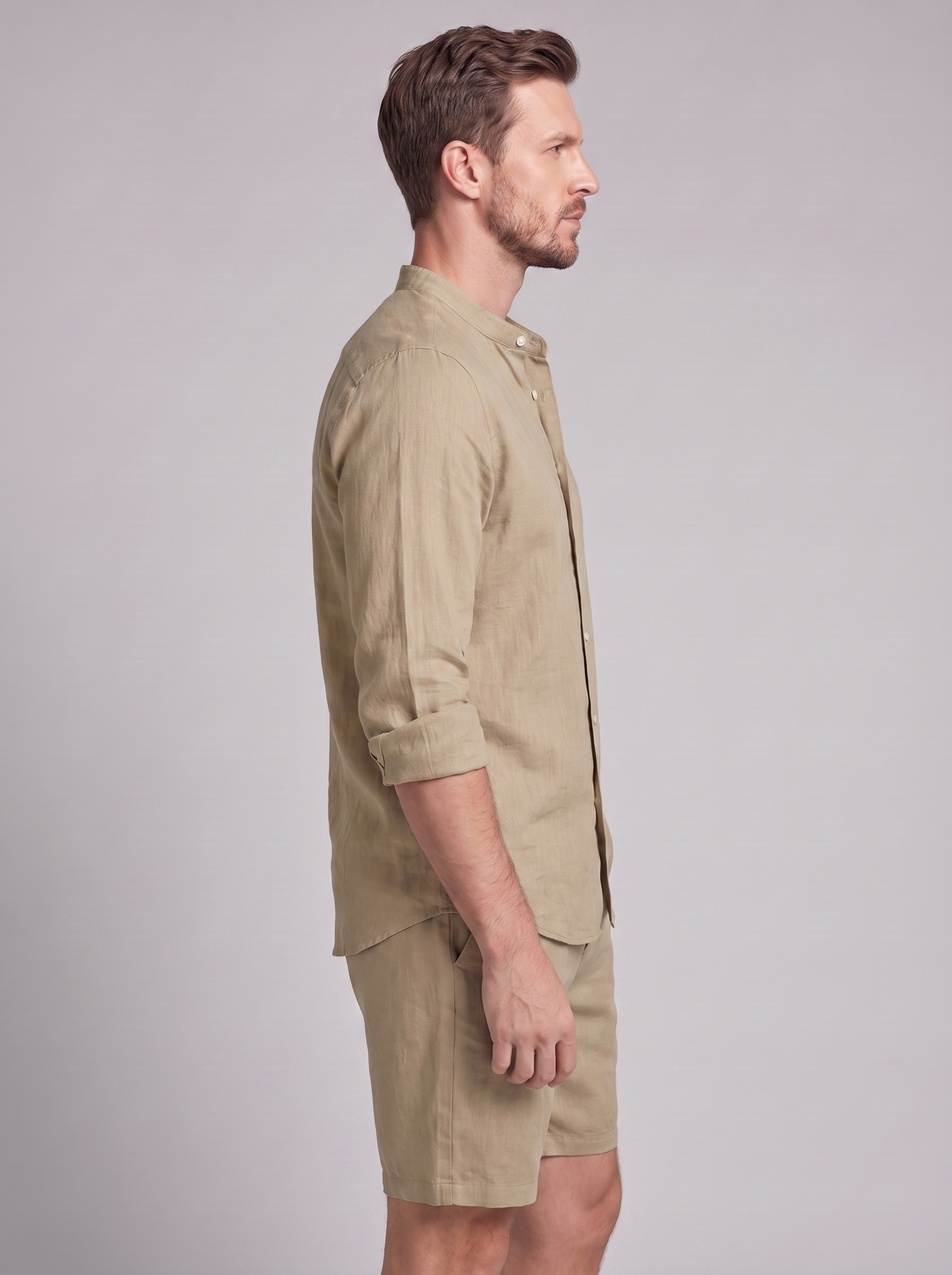 Men's Linen Band Collar Shirt and Shorts Co-ord Set