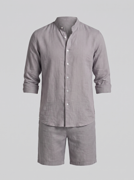 Men's Linen Band Collar Shirt and Shorts Co-ord Set