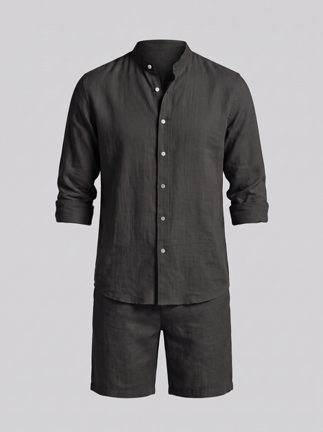 Men's Linen Band Collar Shirt and Shorts Co-ord Set