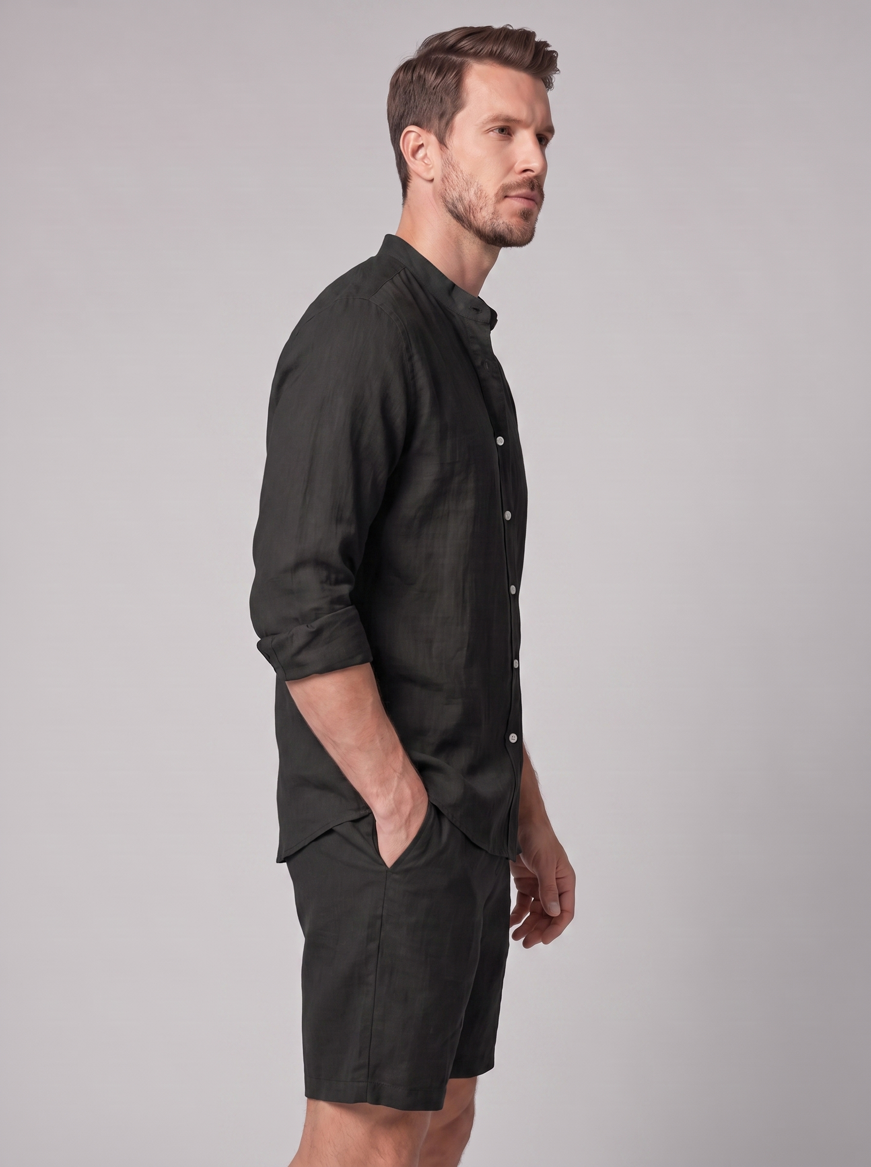Men's Linen Band Collar Shirt and Shorts Co-ord Set