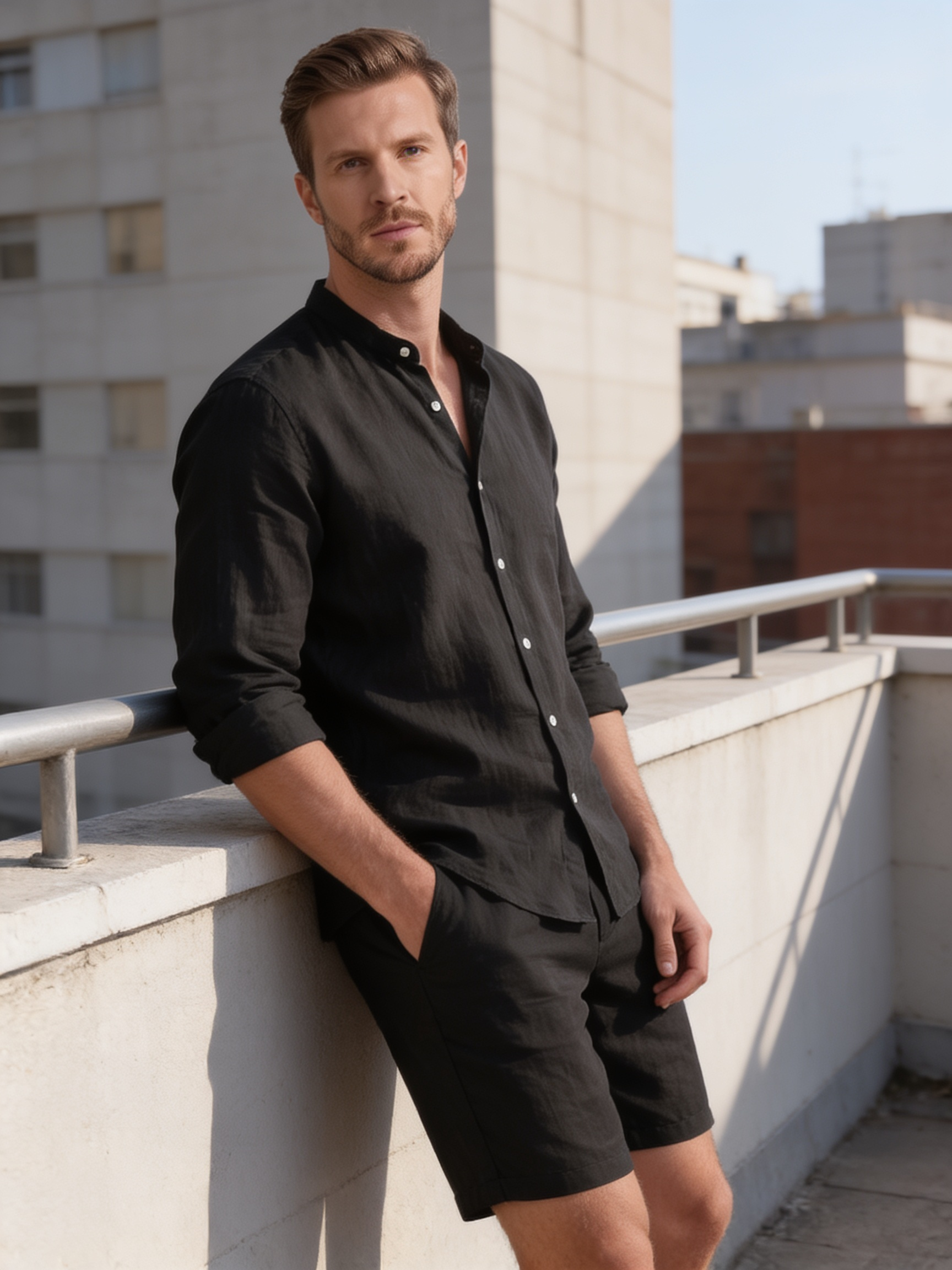 Men's Linen Band Collar Shirt and Shorts Co-ord Set