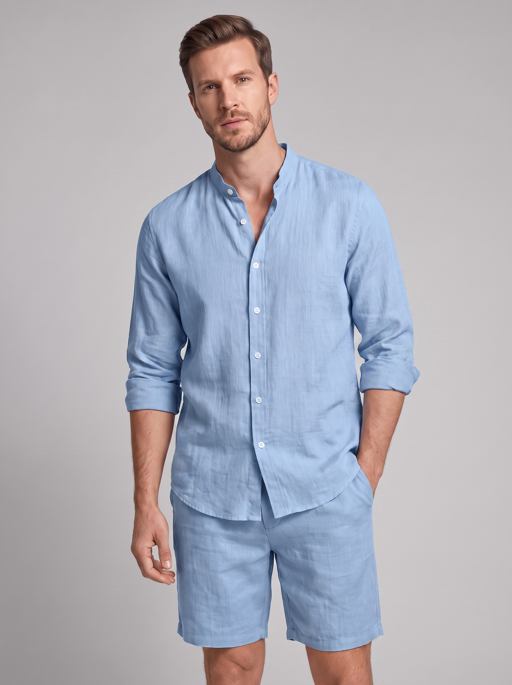 Men's Linen Band Collar Shirt and Shorts Co-ord Set