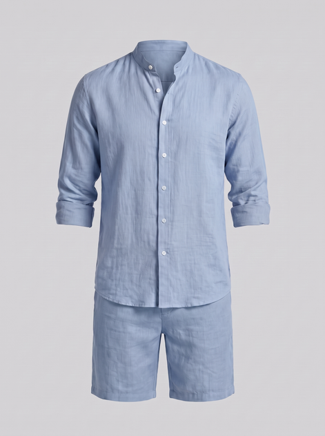 Men's Linen Band Collar Shirt and Shorts Co-ord Set