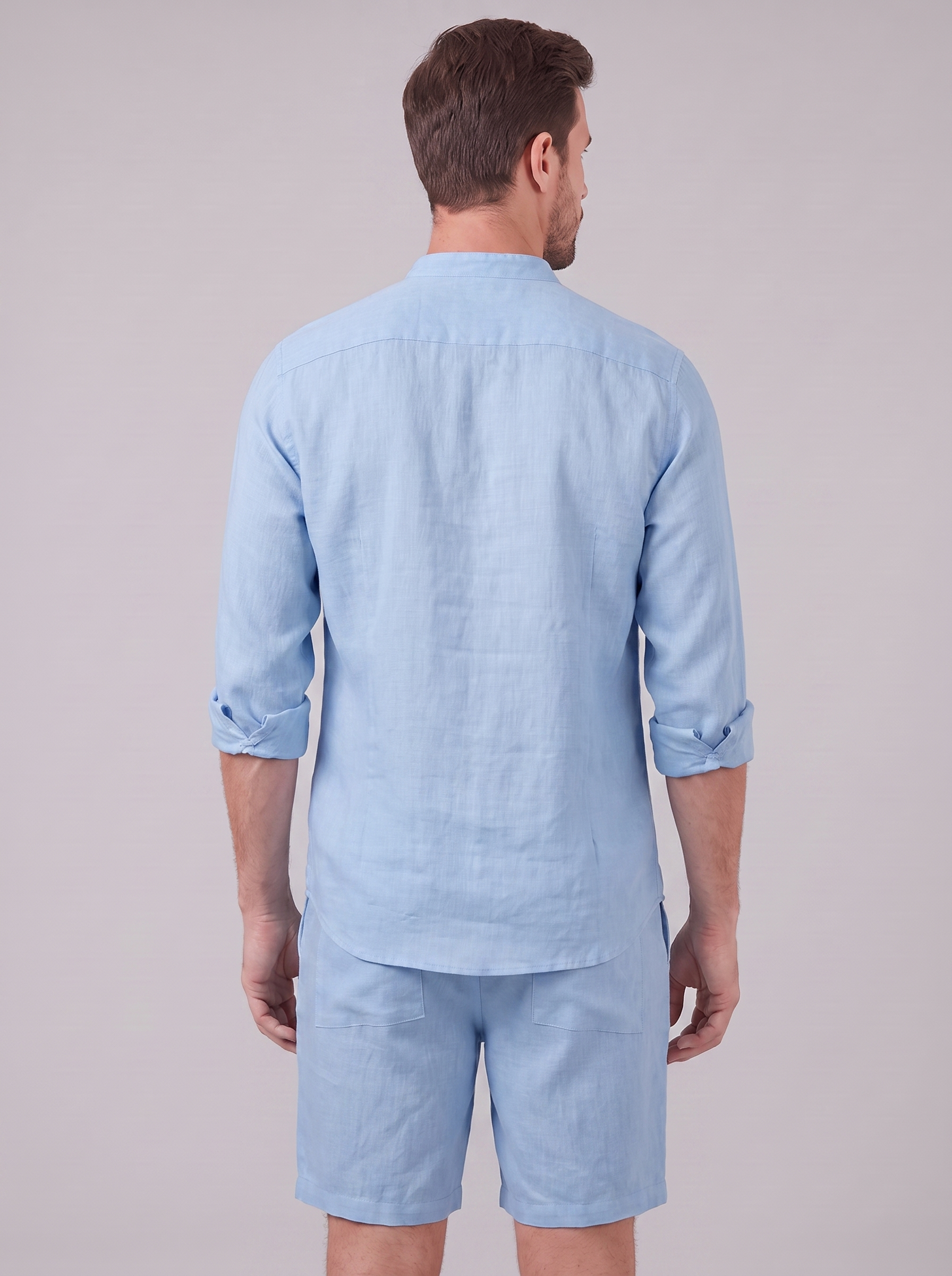 Men's Linen Band Collar Shirt and Shorts Co-ord Set
