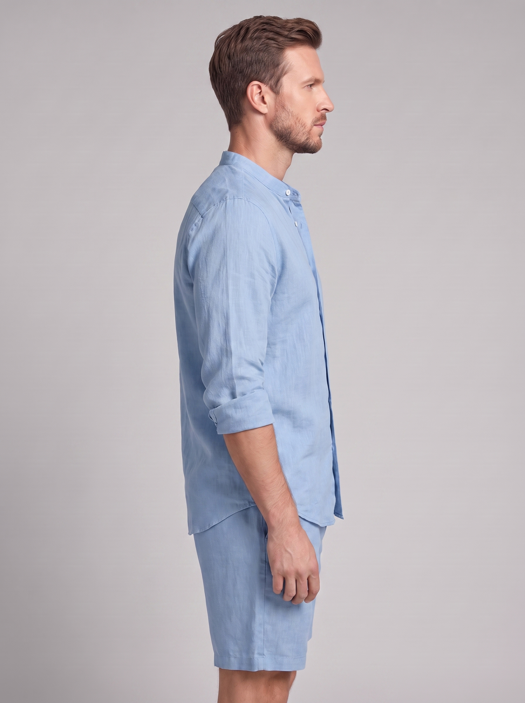 Men's Linen Band Collar Shirt and Shorts Co-ord Set
