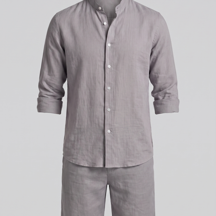 Men's Linen Band Collar Shirt and Shorts Co-ord Set
