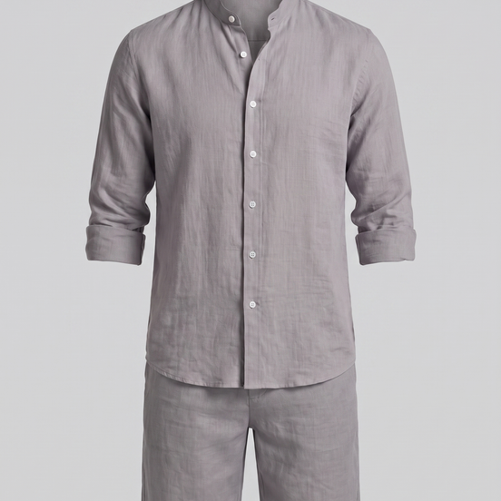 Men's Linen Band Collar Shirt and Shorts Co-ord Set