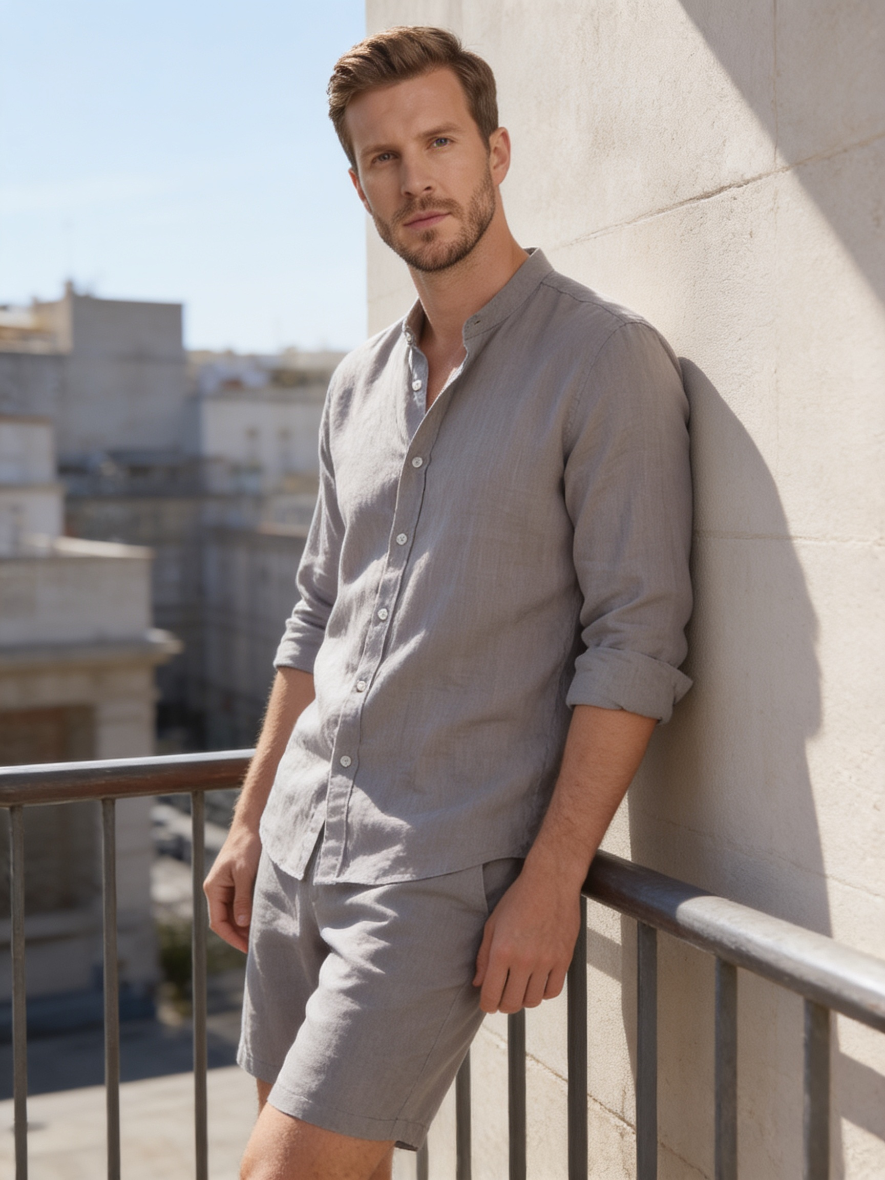 Men's Linen Band Collar Shirt and Shorts Co-ord Set