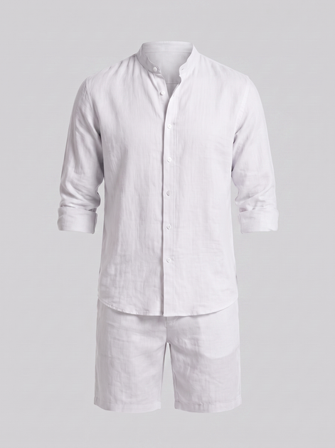 Men's Linen Band Collar Shirt and Shorts Co-ord Set