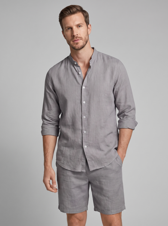 Men's Linen Band Collar Shirt and Shorts Co-ord Set