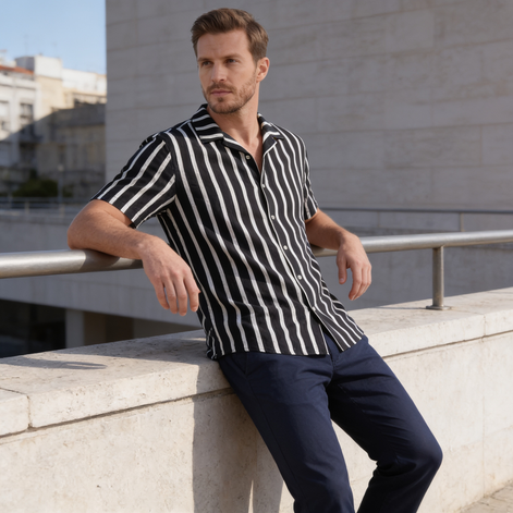 Men's Linen Blend Stripe Camp Collar Shirt