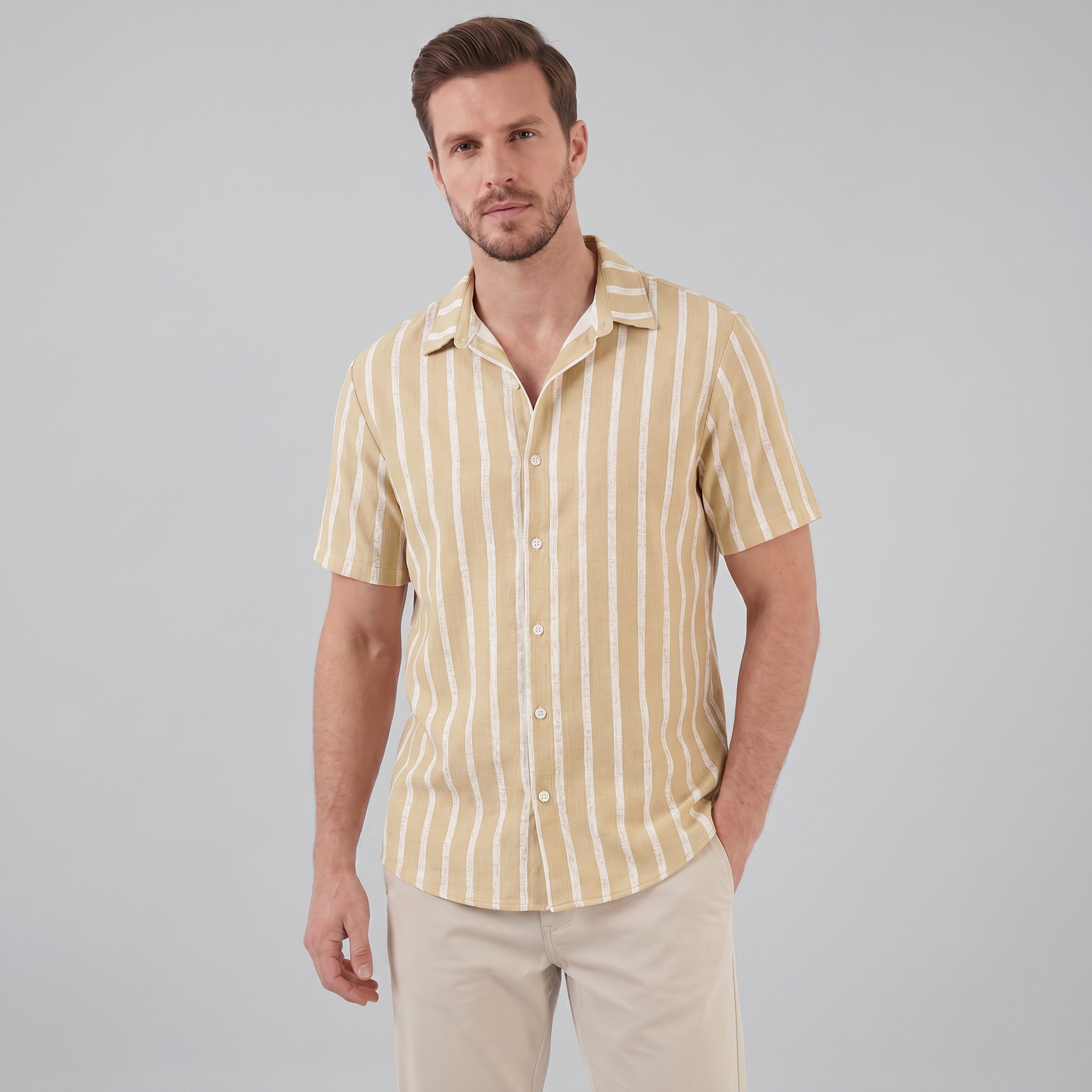 Men's Linen Blend Stripe Camp Collar Shirt
