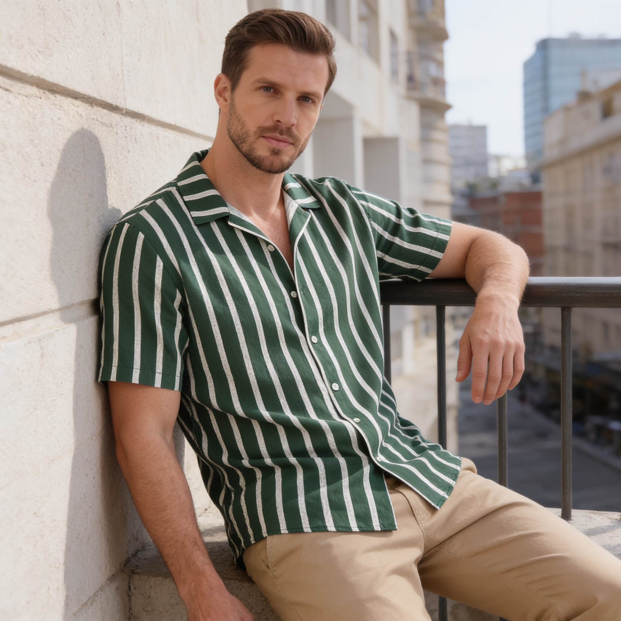 Men's Linen Blend Stripe Camp Collar Shirt